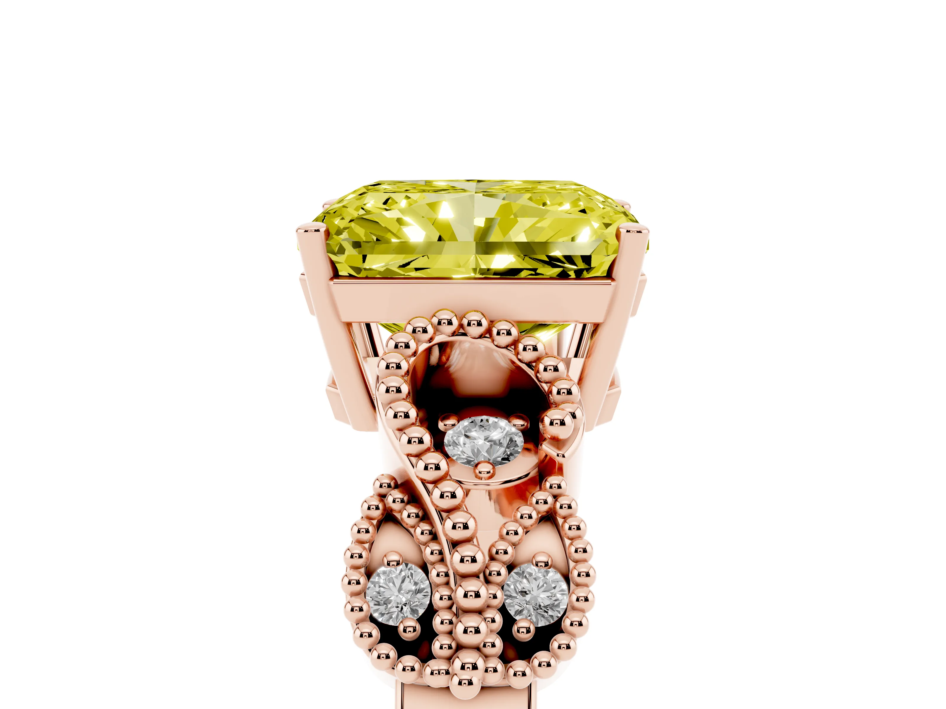 Fancy Yellow Radiant Cut Diamond Milgrain Leaf Band Solitaire Ring Set in Rose gold with Accent Stones and Prong Setting