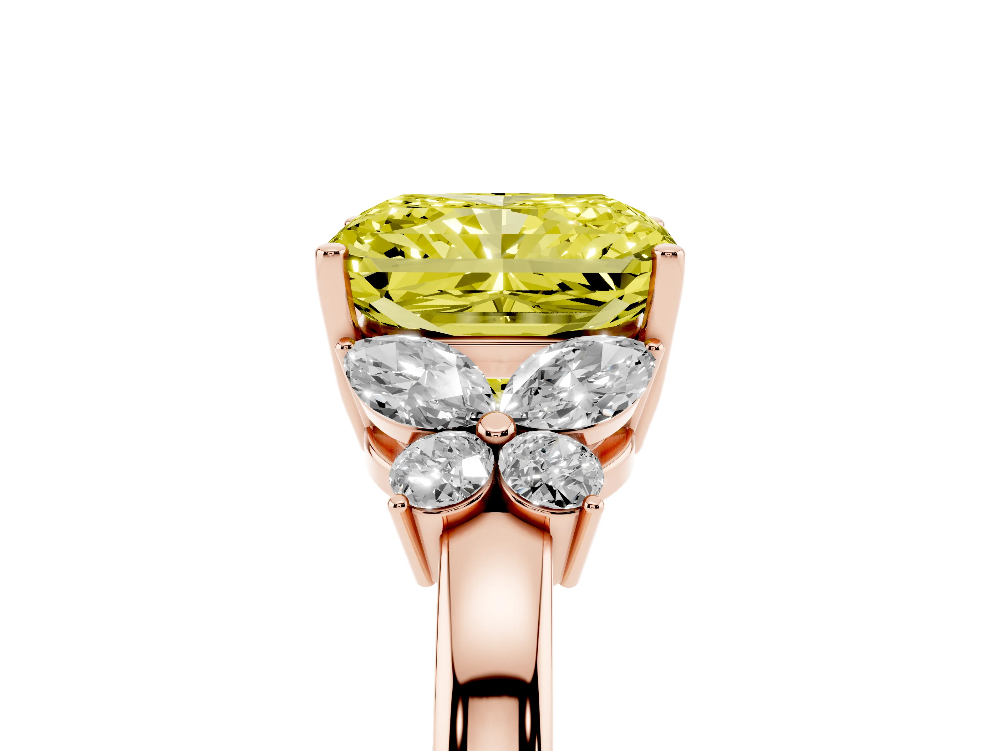 Fancy Yellow Radiant Cut Diamond Solitaire Floral Ring Set in Rose gold with Marquise Petals and Prong Setting