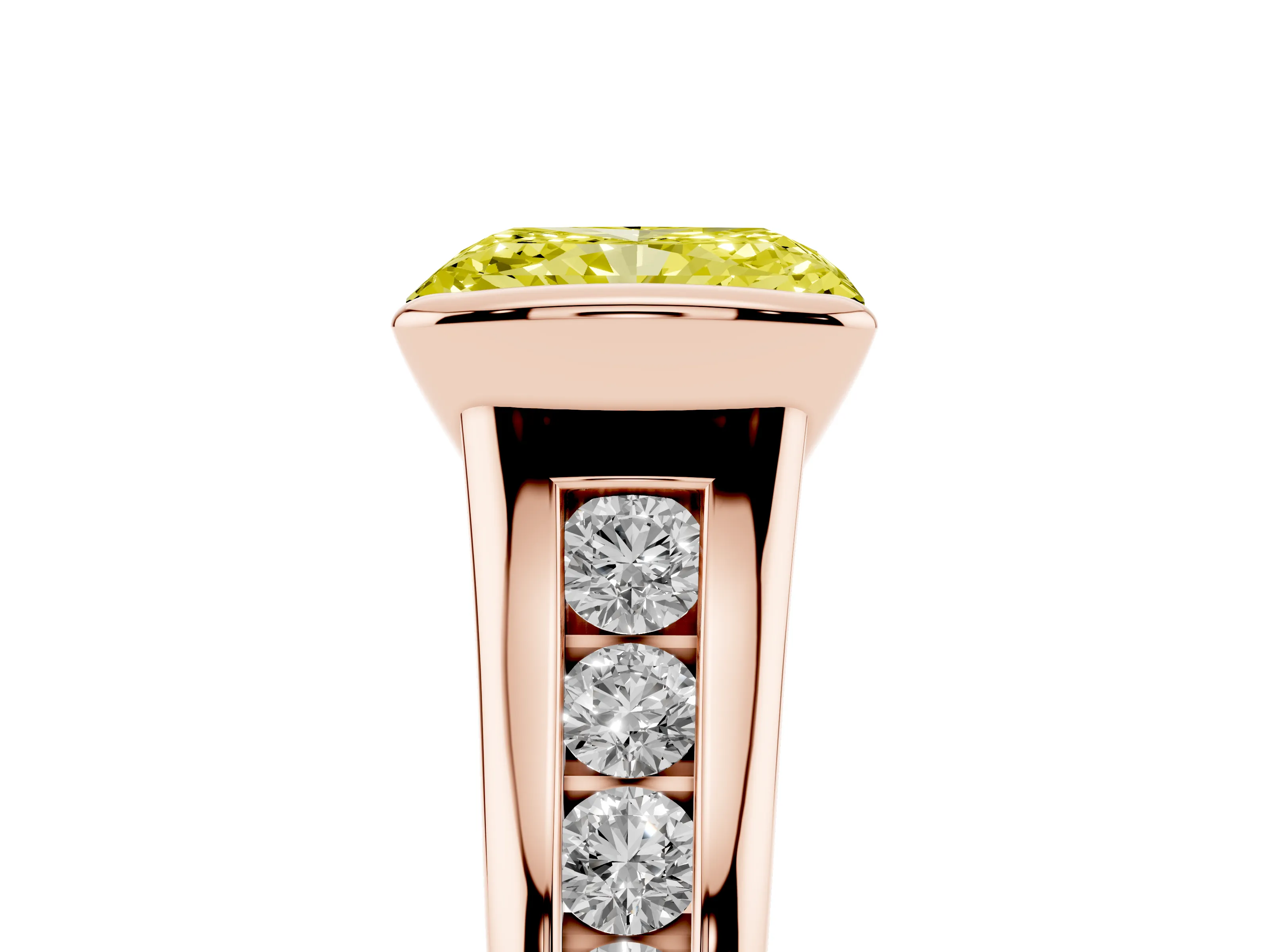 Fancy Yellow Radiant Cut Diamond Bezel-Set Solitaire Ring Set in Rose gold with Channel-Set Band
