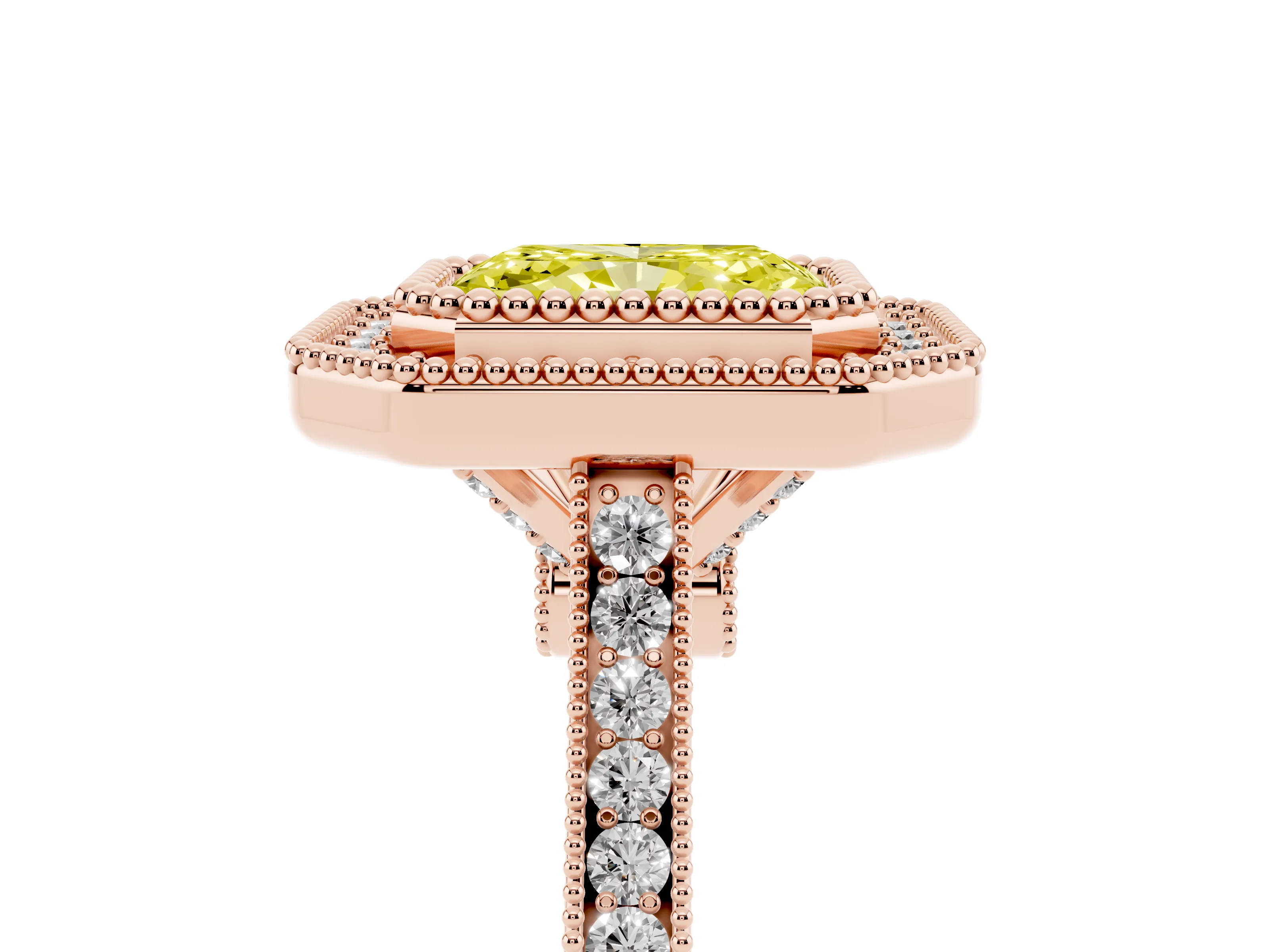 Fancy Yellow Radiant Cut Diamond Halo Ring Set in Rose gold with Milgrain Frame and Pavé Band