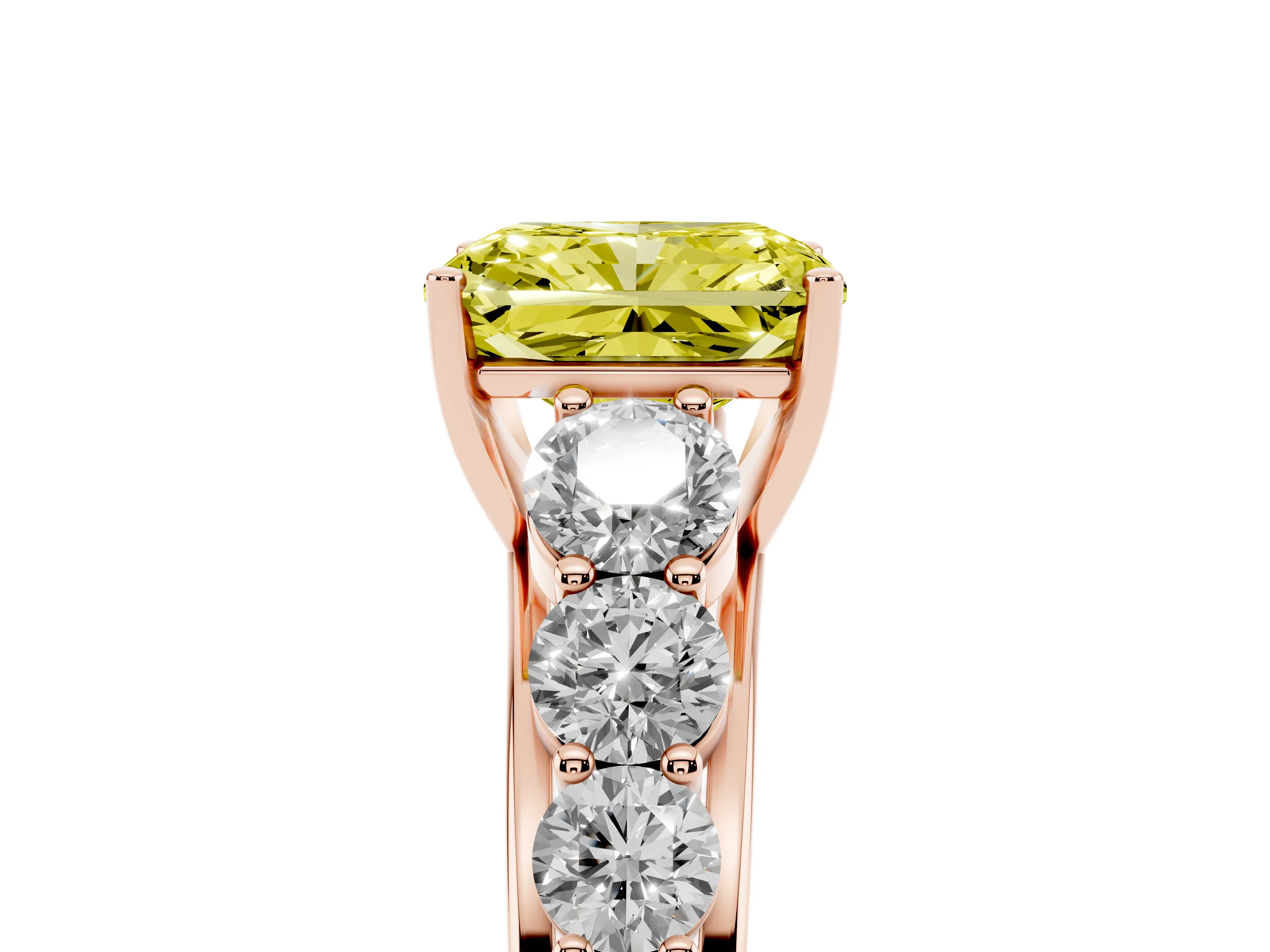 Fancy Yellow Radiant Cut Diamond Solitaire Ring Set in Rose gold with Pavé-Set Band and Prong Setting