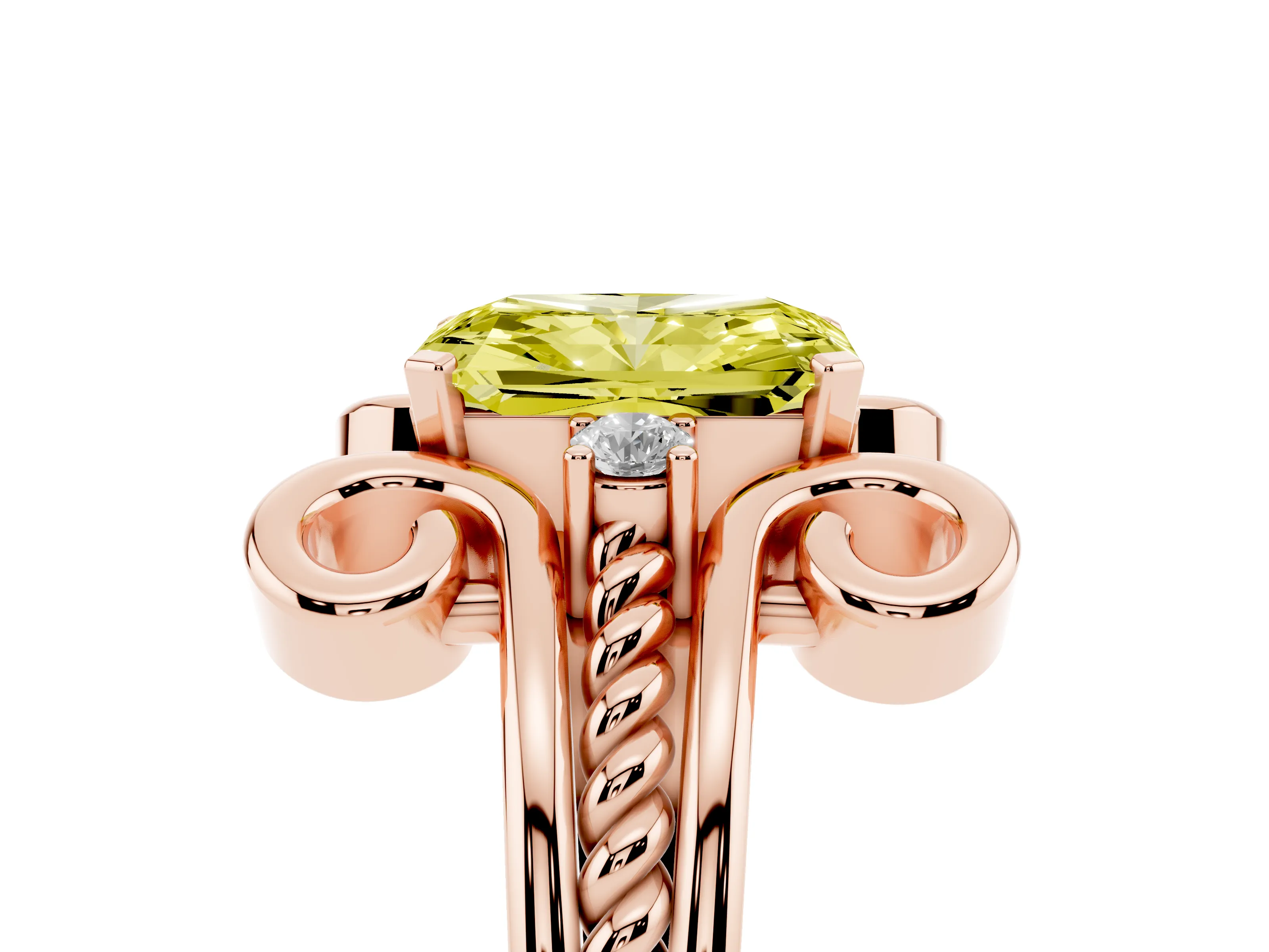 Fancy Yellow Radiant Cut Diamond Twisted Band Solitaire Ring Set in Rose gold with Scroll Prongs