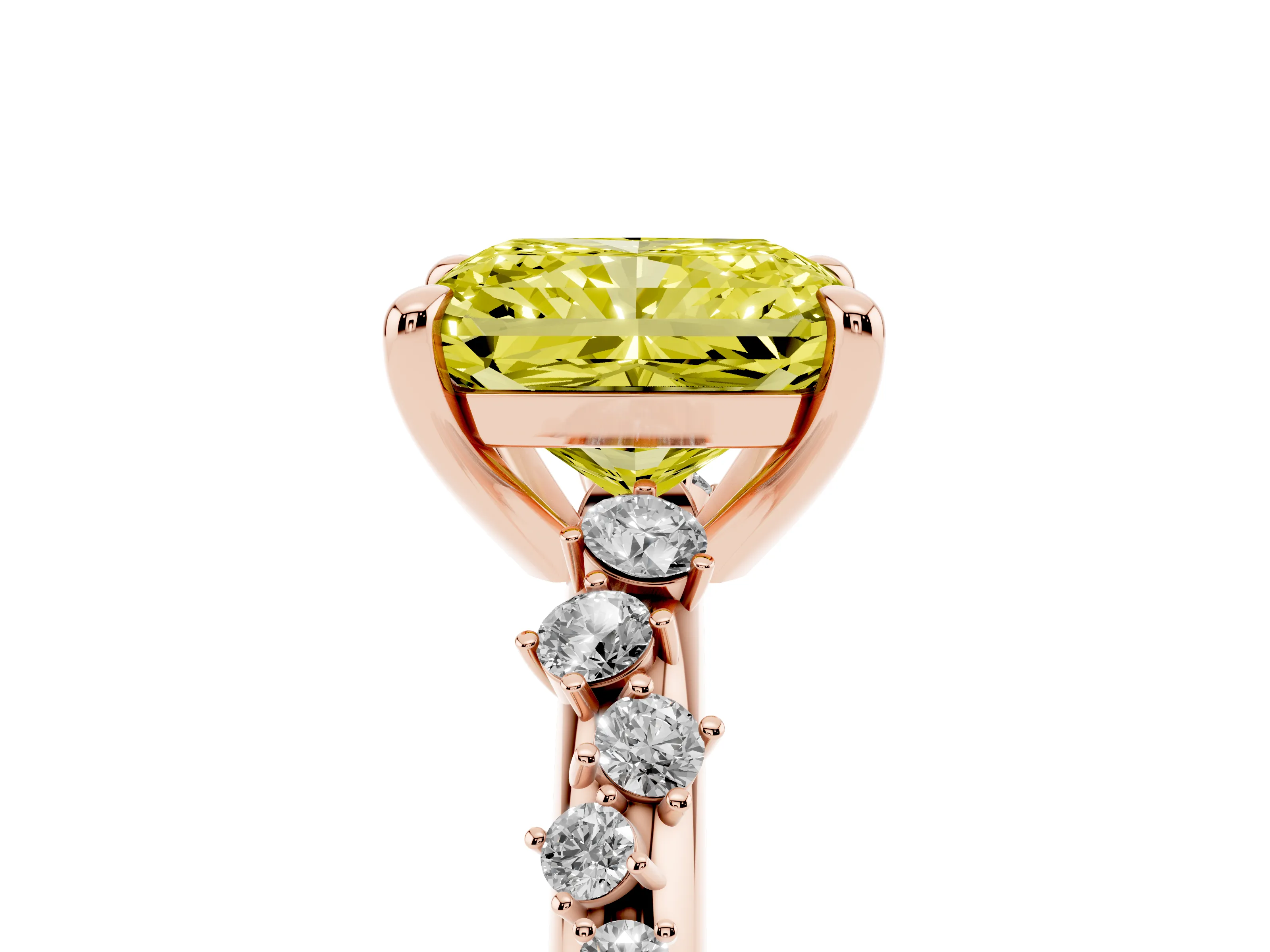 Fancy Yellow Radiant Cut Diamond Solitaire Vine Band Ring Set in Rose gold with Round Accents and Prong Setting