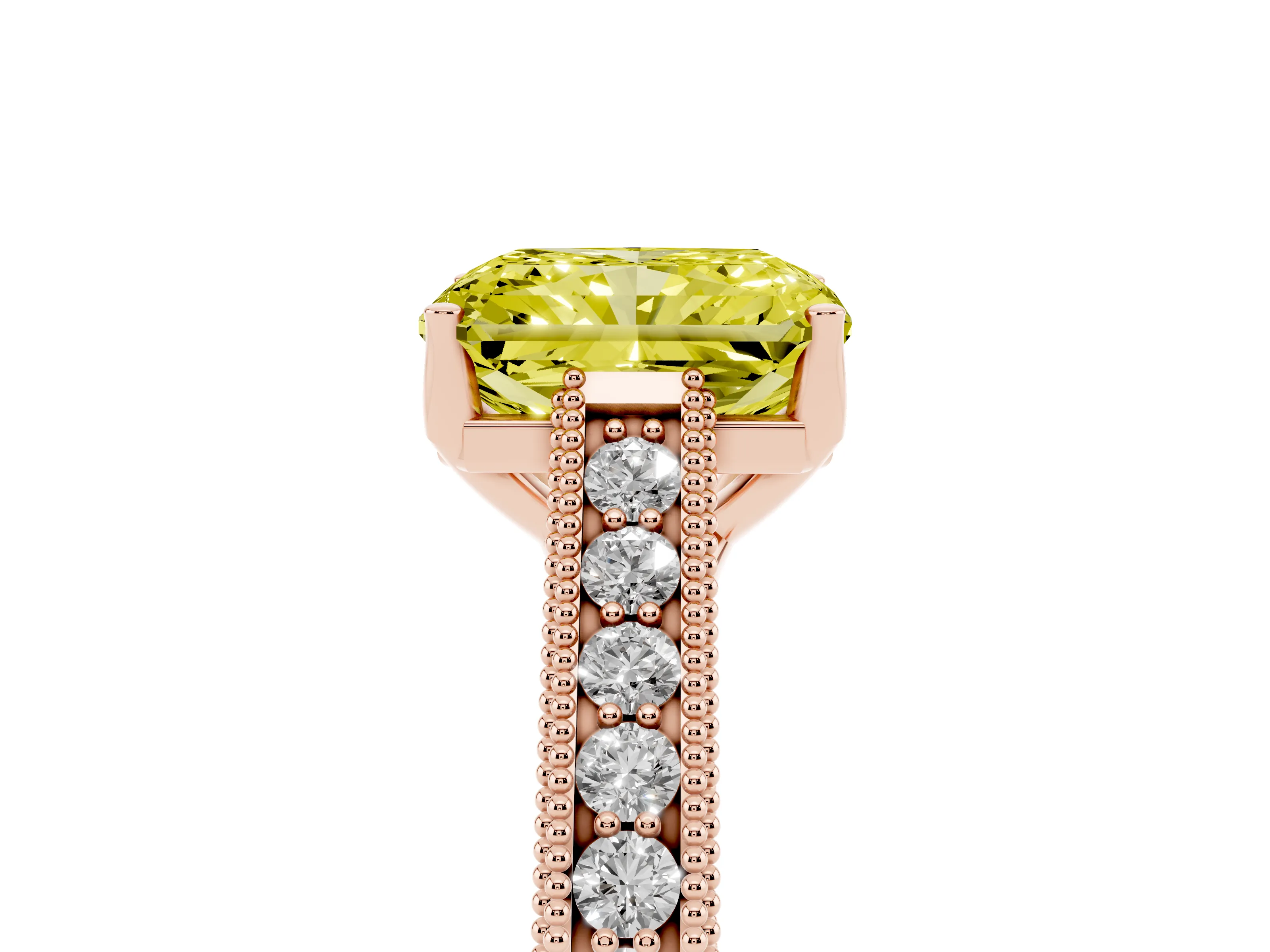 Fancy Yellow Radiant Cut Diamond Milgrain Pavé Band Solitaire Ring Set in Rose gold with Prong Setting