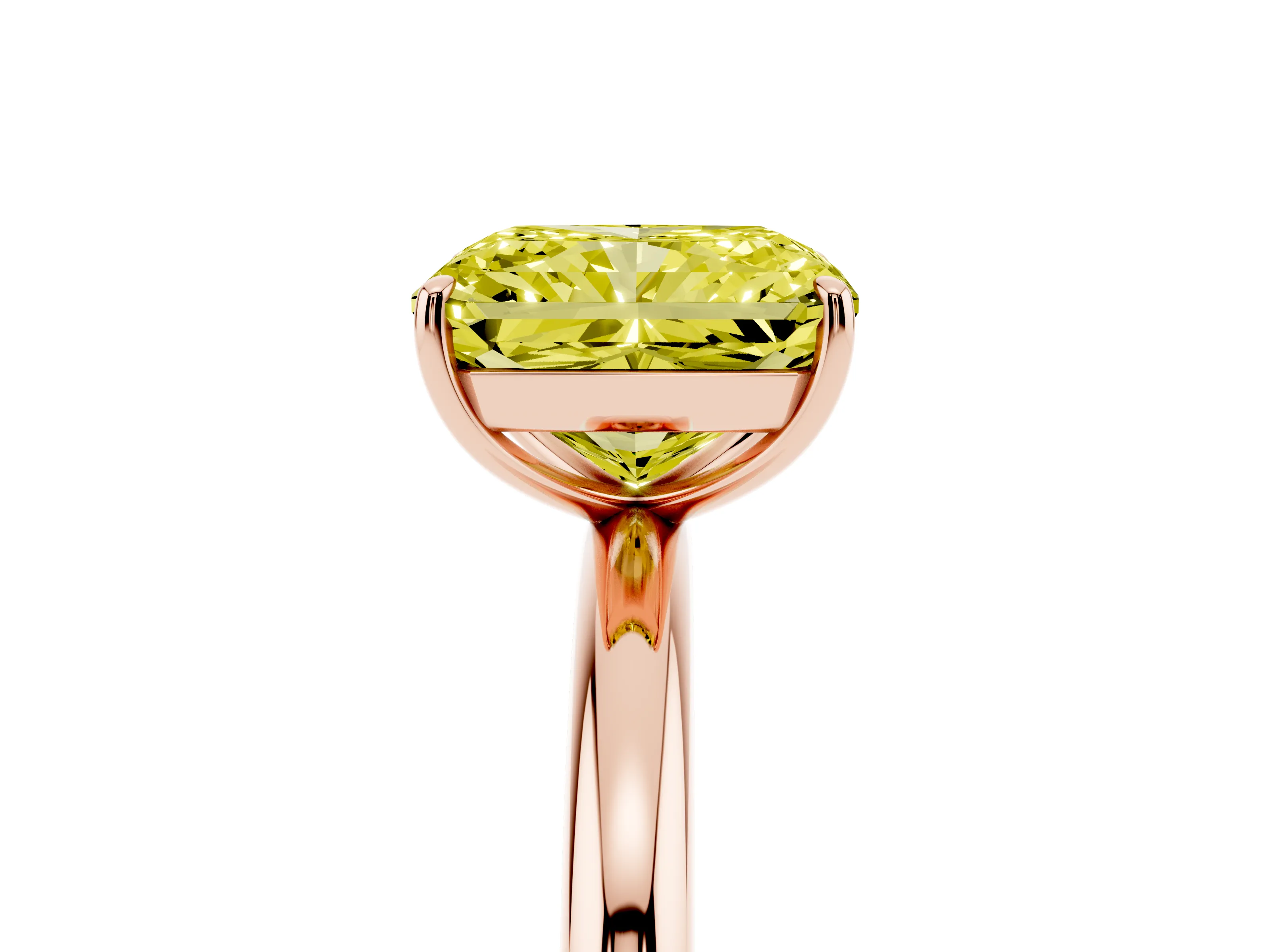 Fancy Yellow Radiant Cut Diamond Solitaire Ring Set in Rose gold with Prong Setting on a Polished Plain Band