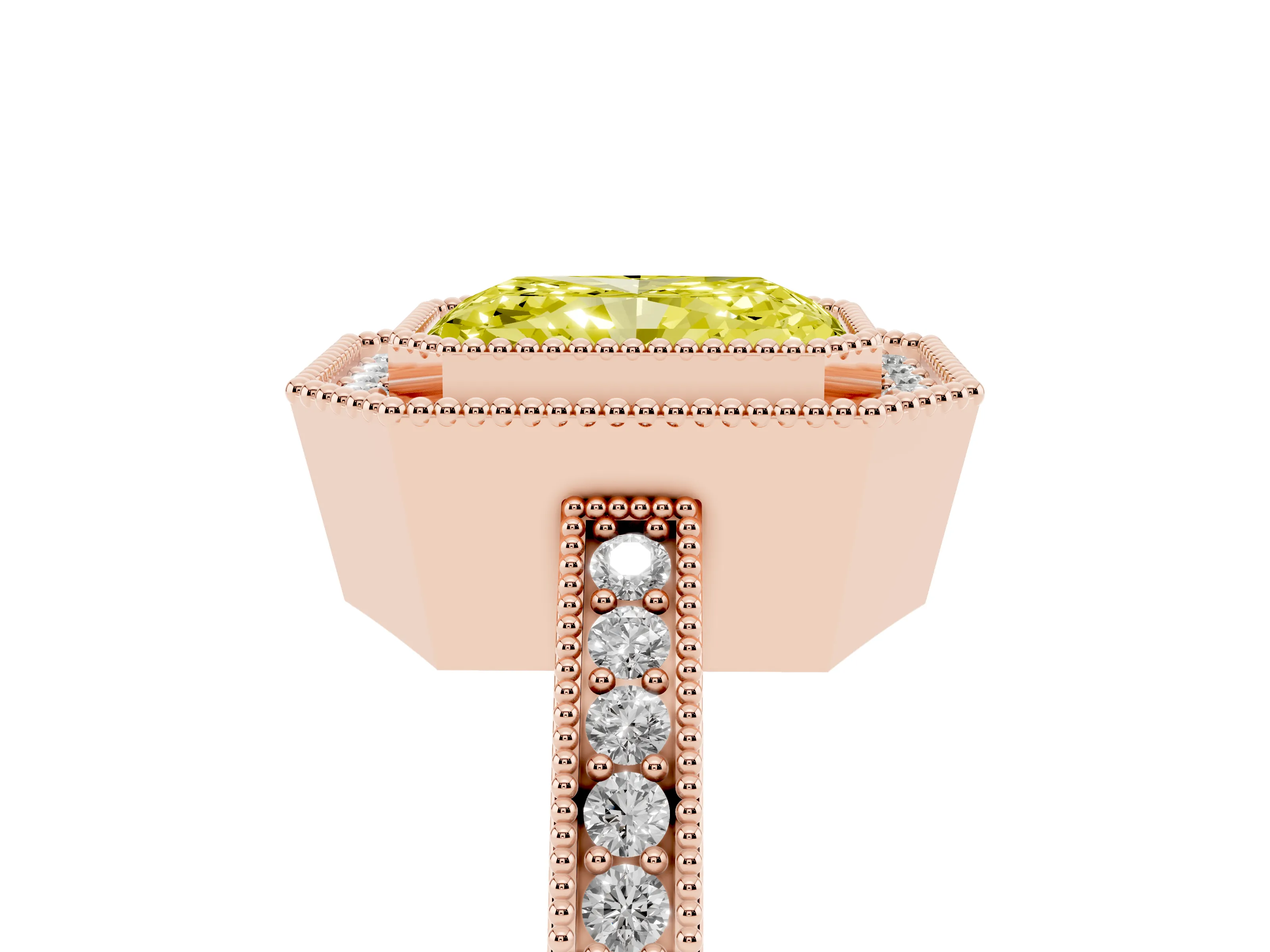 Fancy Yellow Radiant Cut Diamond Round Halo Ring Set in Rose gold with Pavé Band