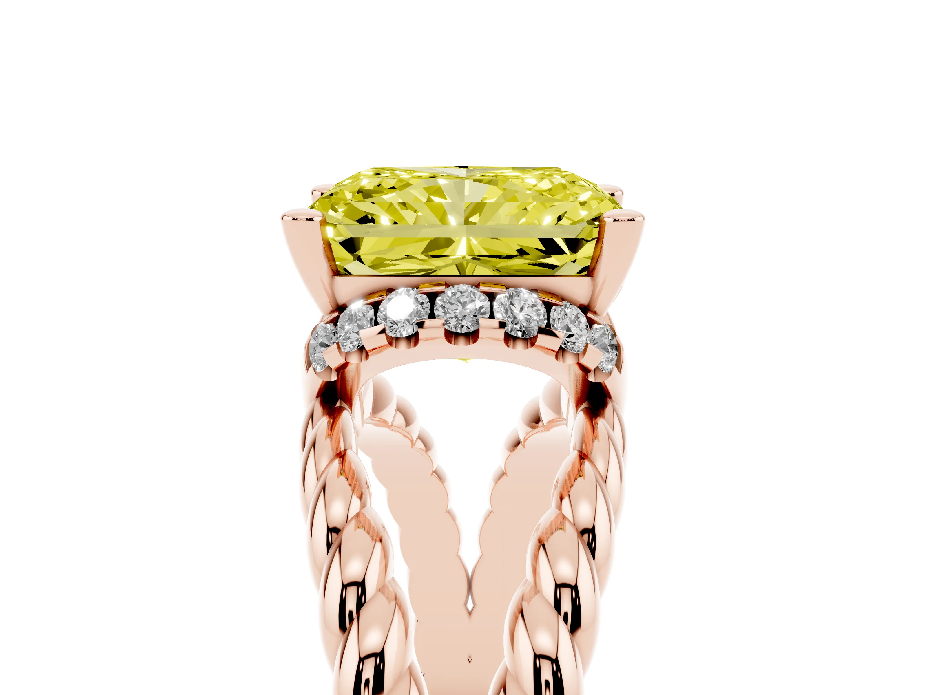 Fancy Yellow Radiant Cut Diamond Halo Ring Set in Rose gold with Twisted Band and Prong Setting