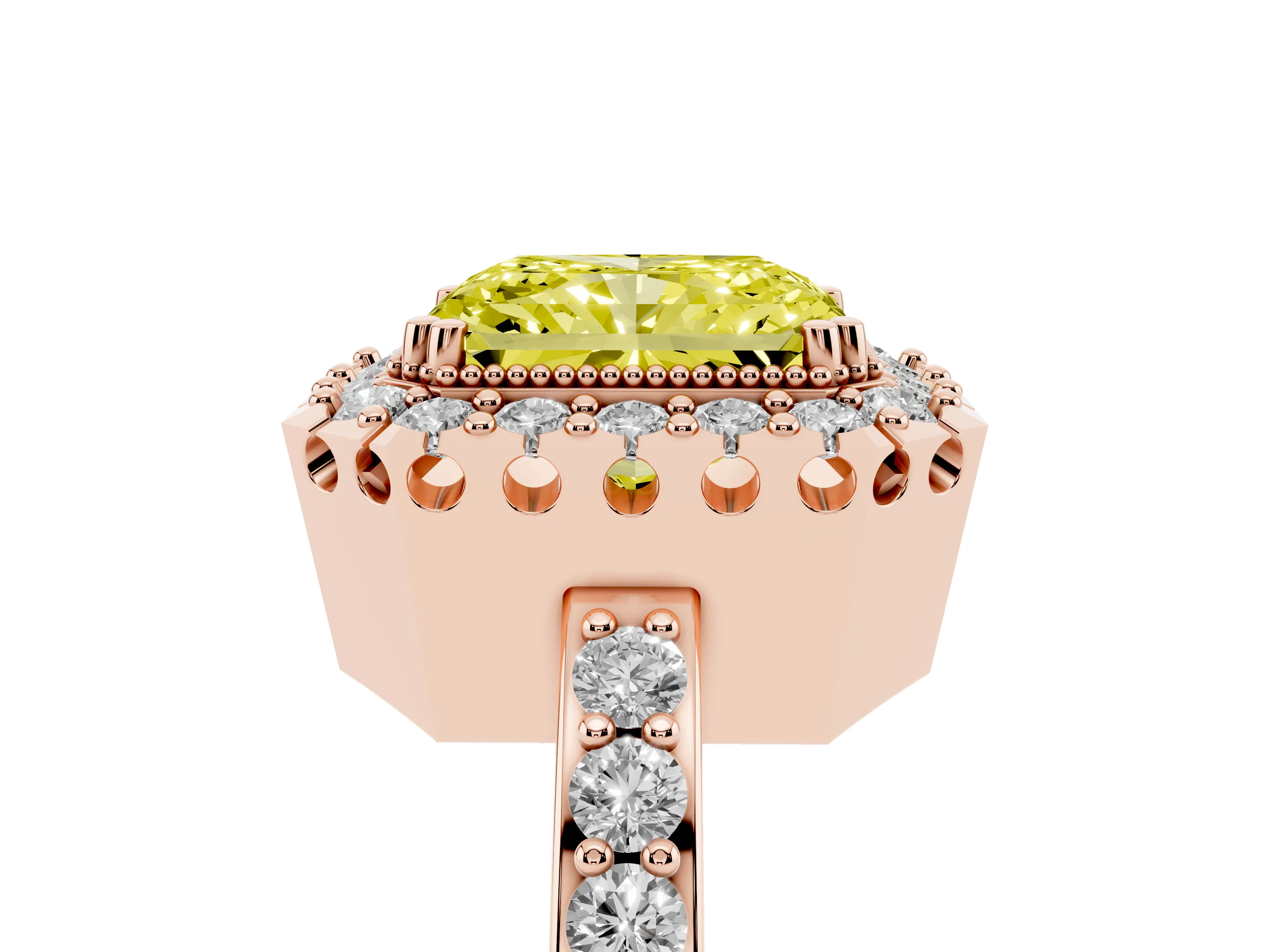 Fancy Yellow Radiant Cut Diamond Halo Ring Set in Rose gold with Pavé Shank and Prong Setting