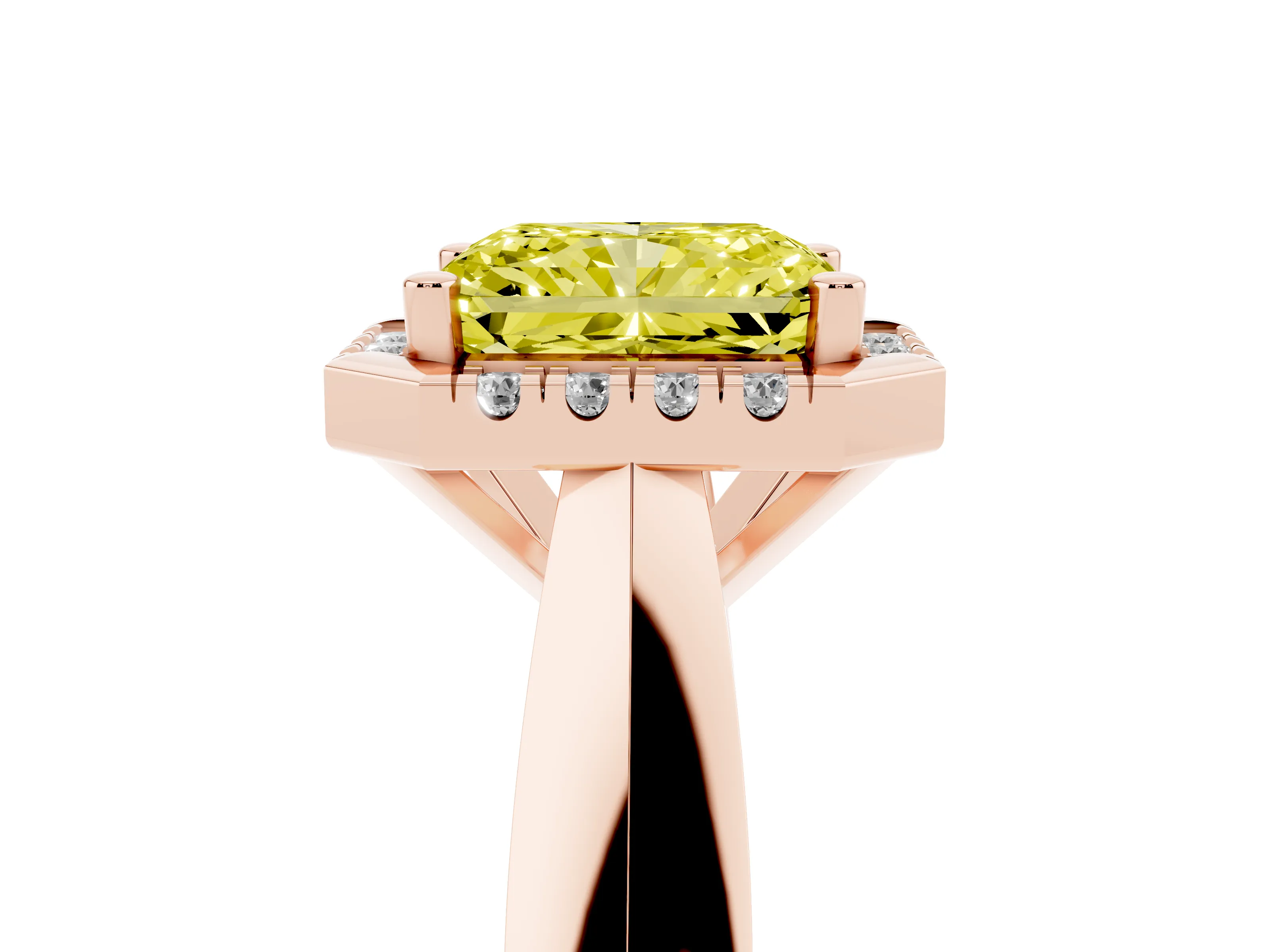 Fancy Yellow Radiant Cut Diamond Halo Solitaire Engagement Ring Set in Rose gold with Square Band and Prong Setting