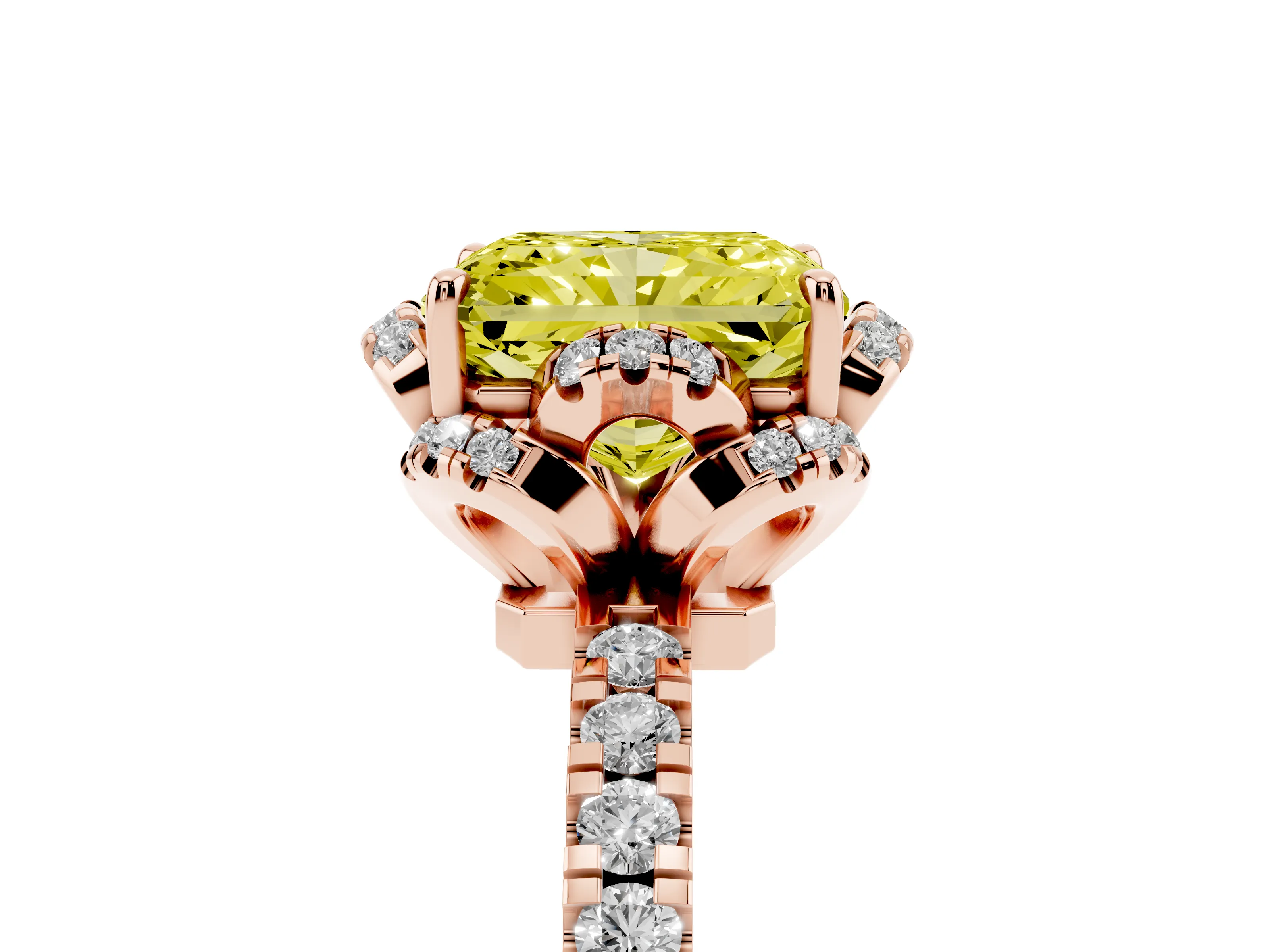 Fancy Yellow Radiant Cut Diamond Halo Pavé Band Ring Set in Rose gold with Prong-Held Center