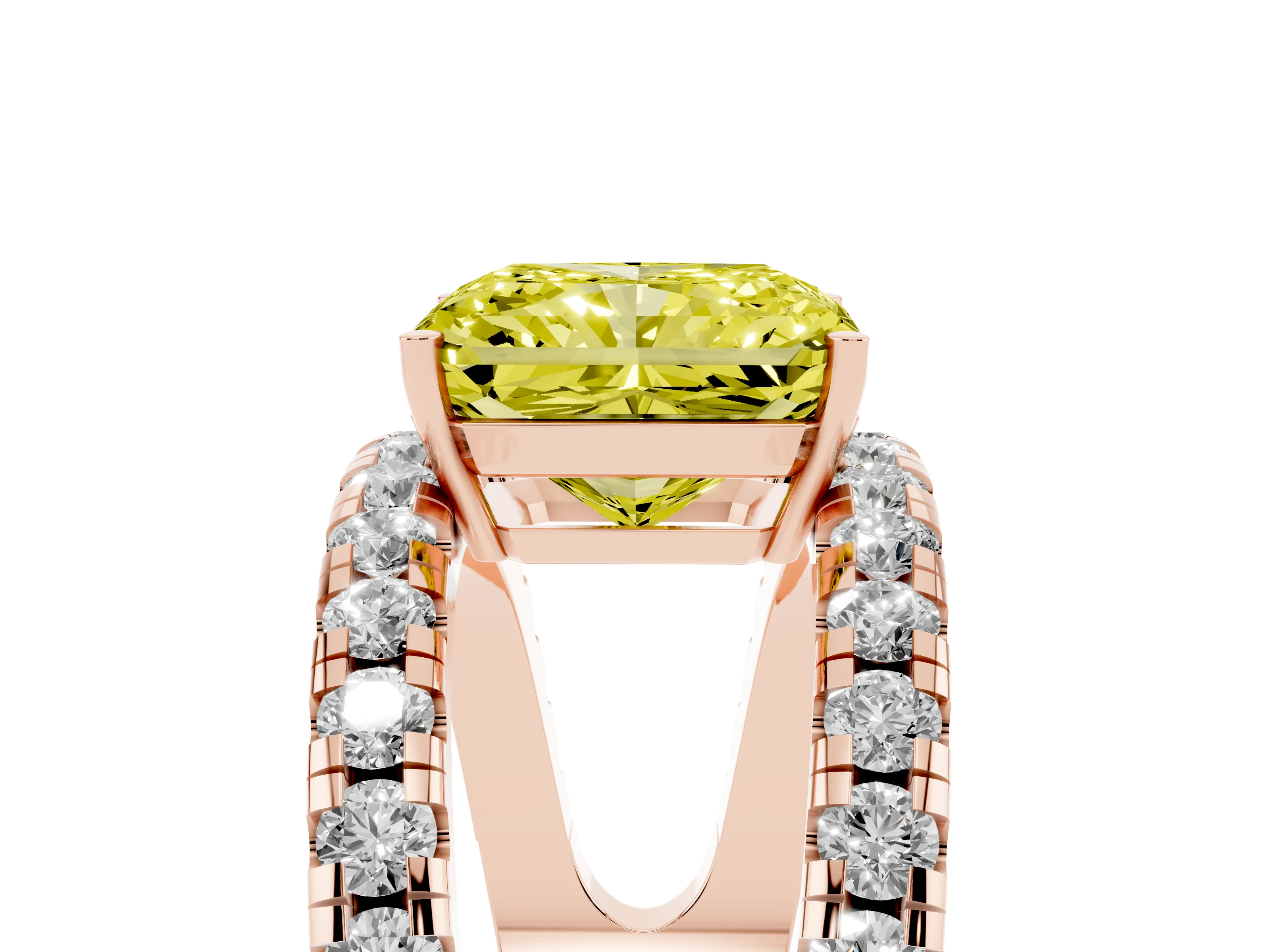 Fancy Yellow Radiant Cut Diamond Split Shank Pavé Solitaire Ring Set in Rose gold with Open Shank Design