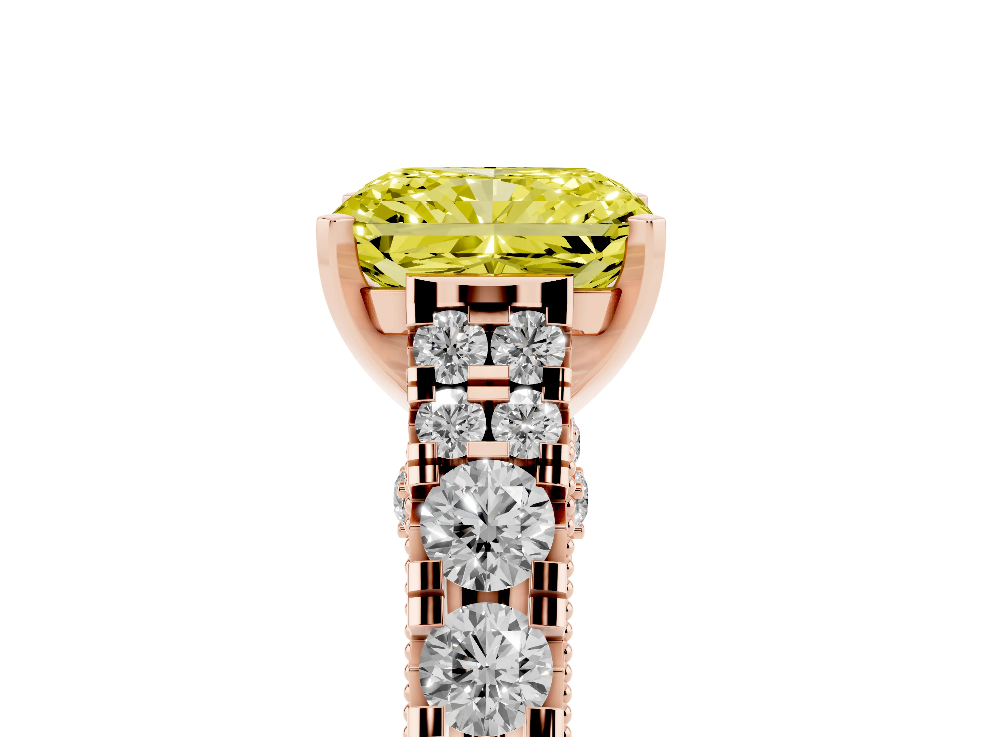 Fancy Yellow Radiant Cut Diamond Classic Solitaire Ring Set in Rose gold with Pavé Band and Prong Setting