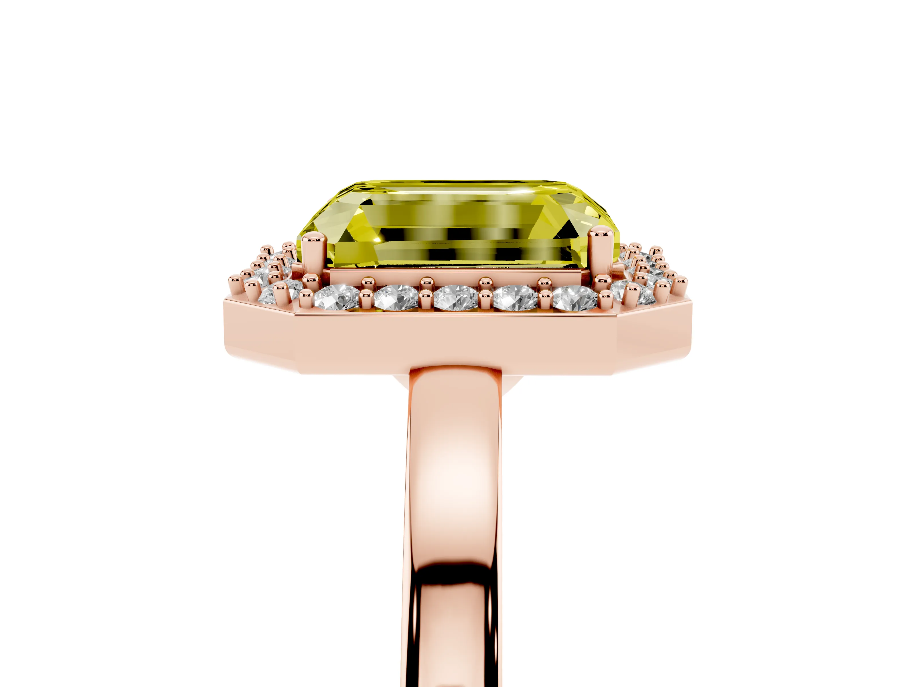 Fancy Yellow Radiant Cut Diamond Halo Ring Set in Rose gold with Solitaire Band and Prong Setting