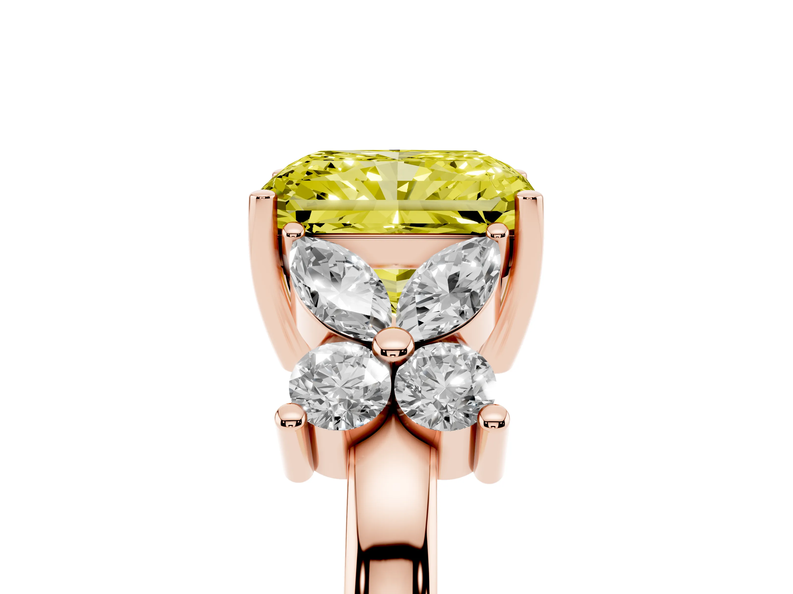 Fancy Yellow Radiant Cut Diamond Floral Cluster Ring Set in Rose gold with Marquise Petals and Prong Setting