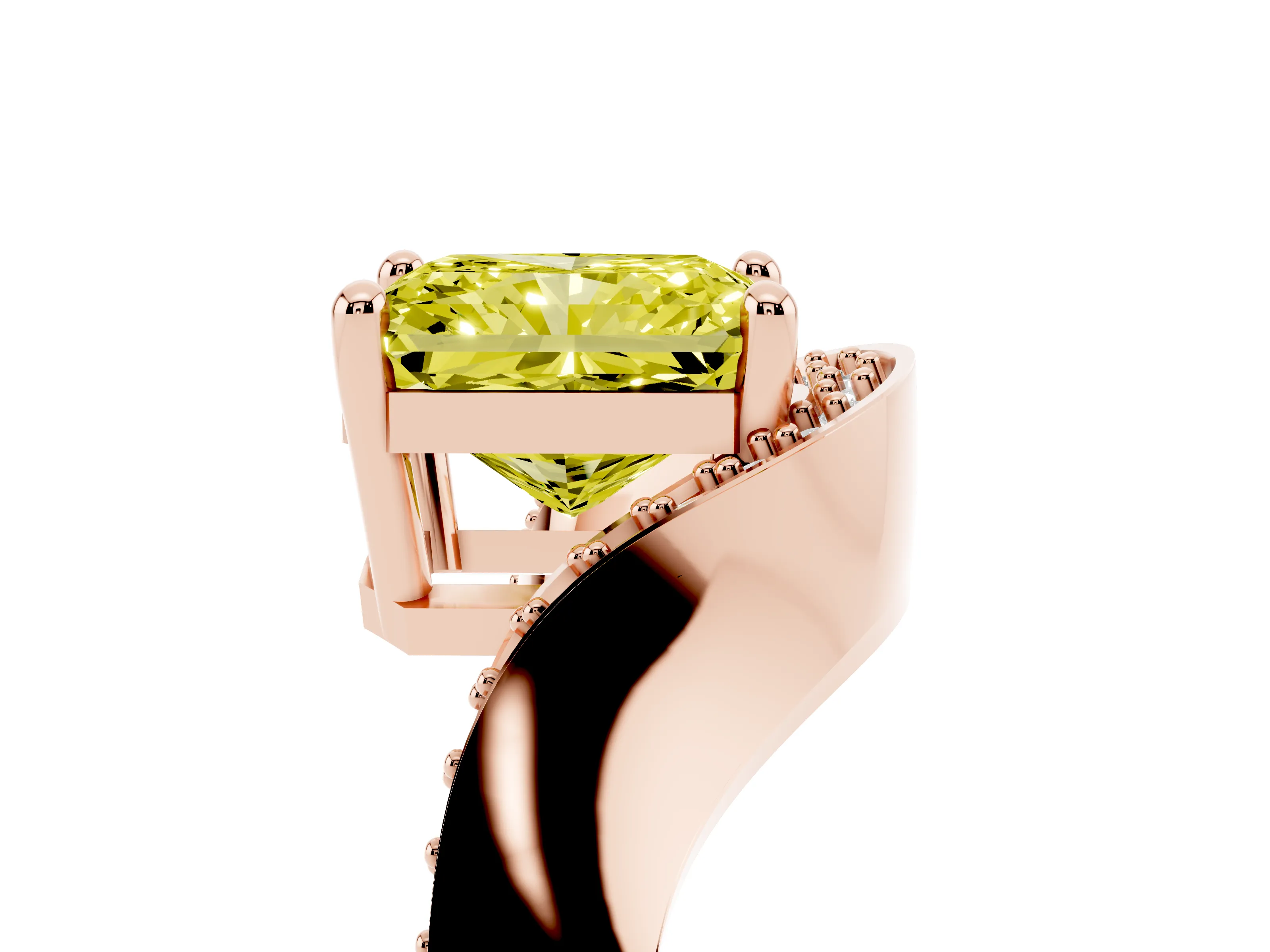 Fancy Yellow Radiant Cut Diamond Solitaire Engagement Ring Set in Rose gold with Pavé Shoulders