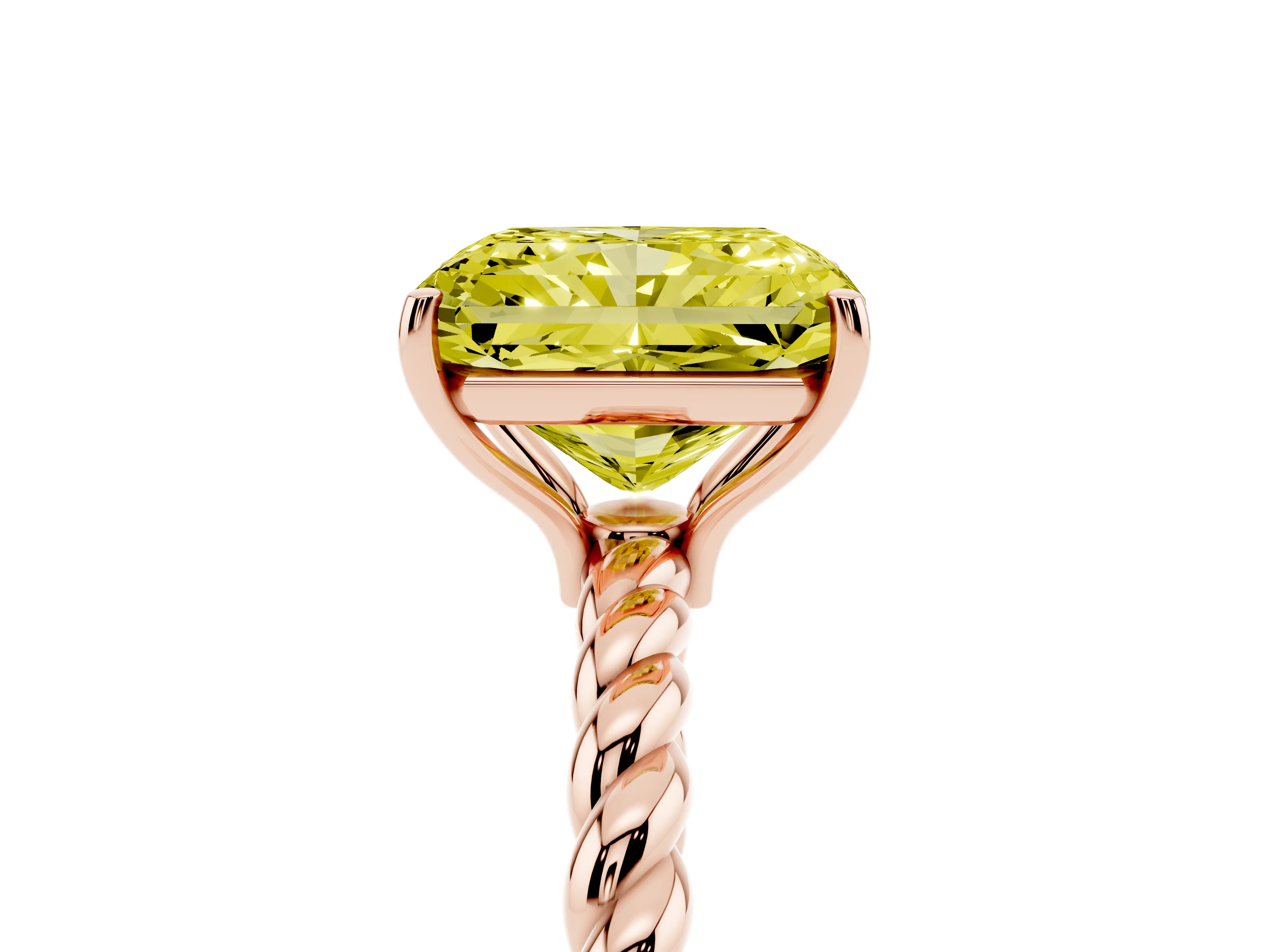 Fancy Yellow Radiant Cut Diamond Solitaire Ring Set in Rose gold with Twist Band and Prong Setting