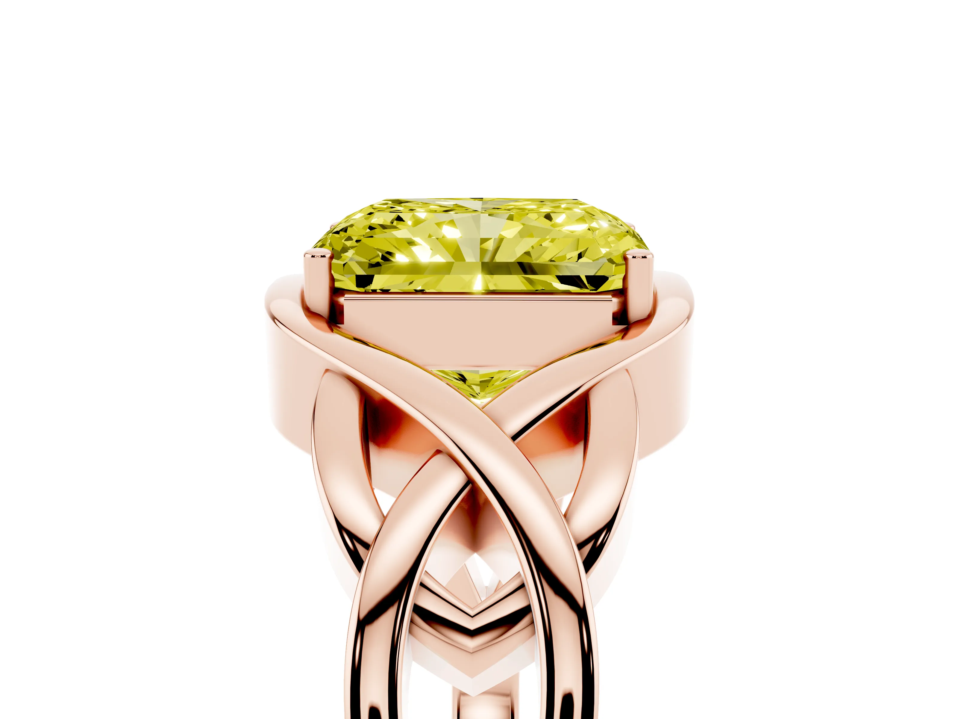 Fancy Yellow Radiant Cut Diamond Solitaire Ring Set in Rose gold with Intertwined Band