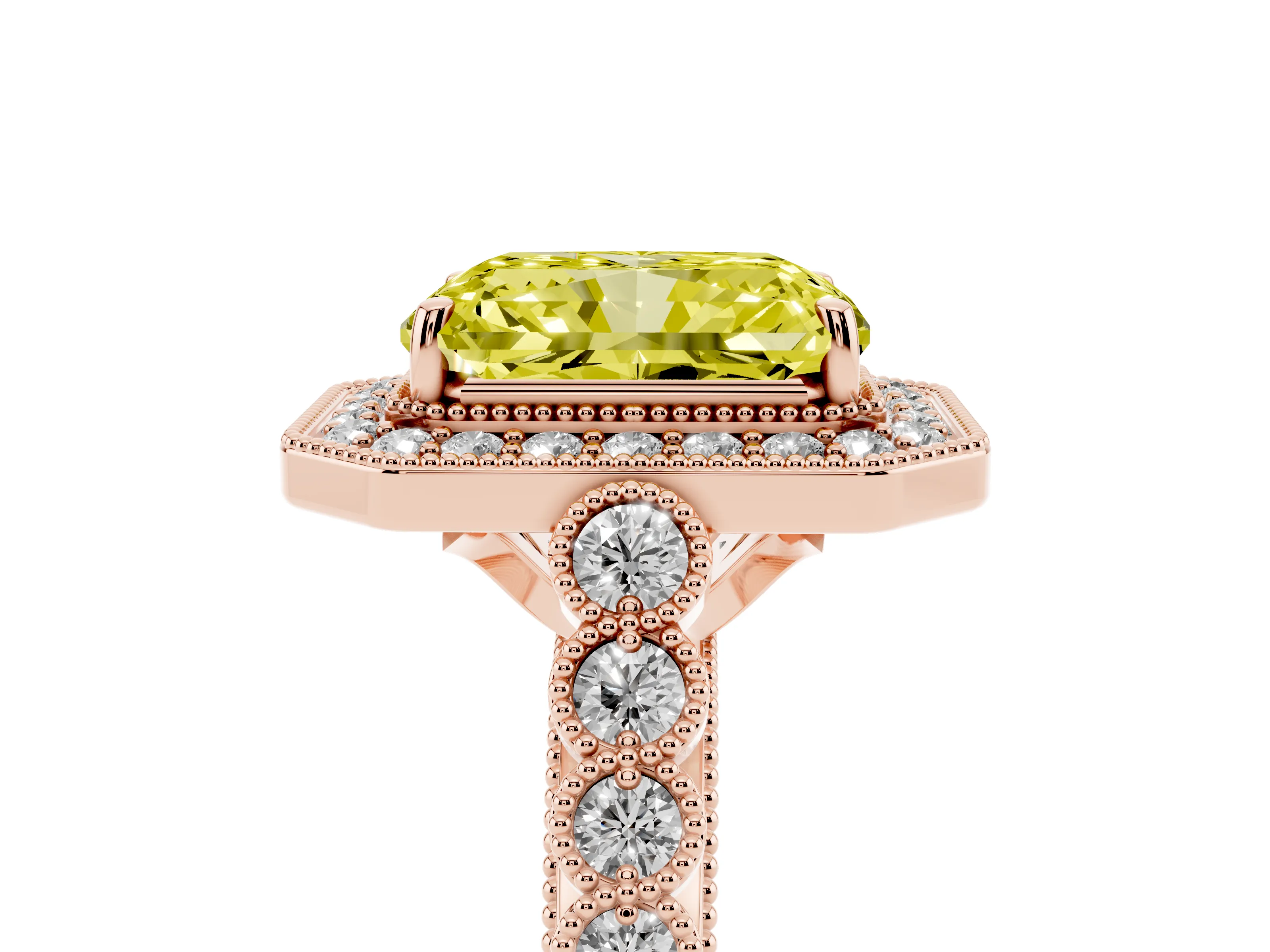 Fancy Yellow Radiant Cut Diamond Milgrain Halo Solitaire Ring Set in Rose gold with Bezel Set Side Stones and Pavé Band