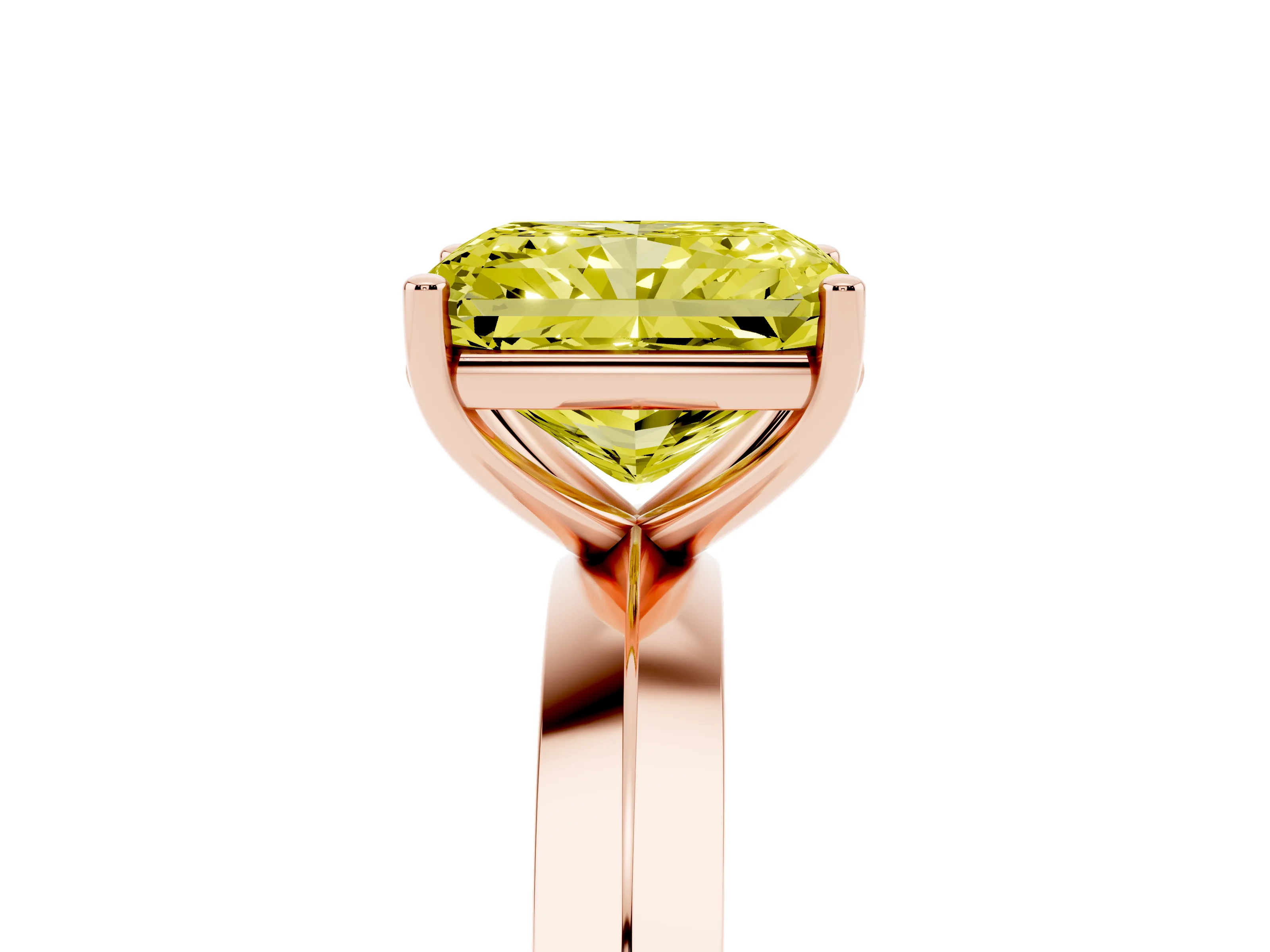 Fancy Yellow Radiant Cut Diamond Solitaire Engagement Ring Set in Rose gold with Flat Band and Prong Setting