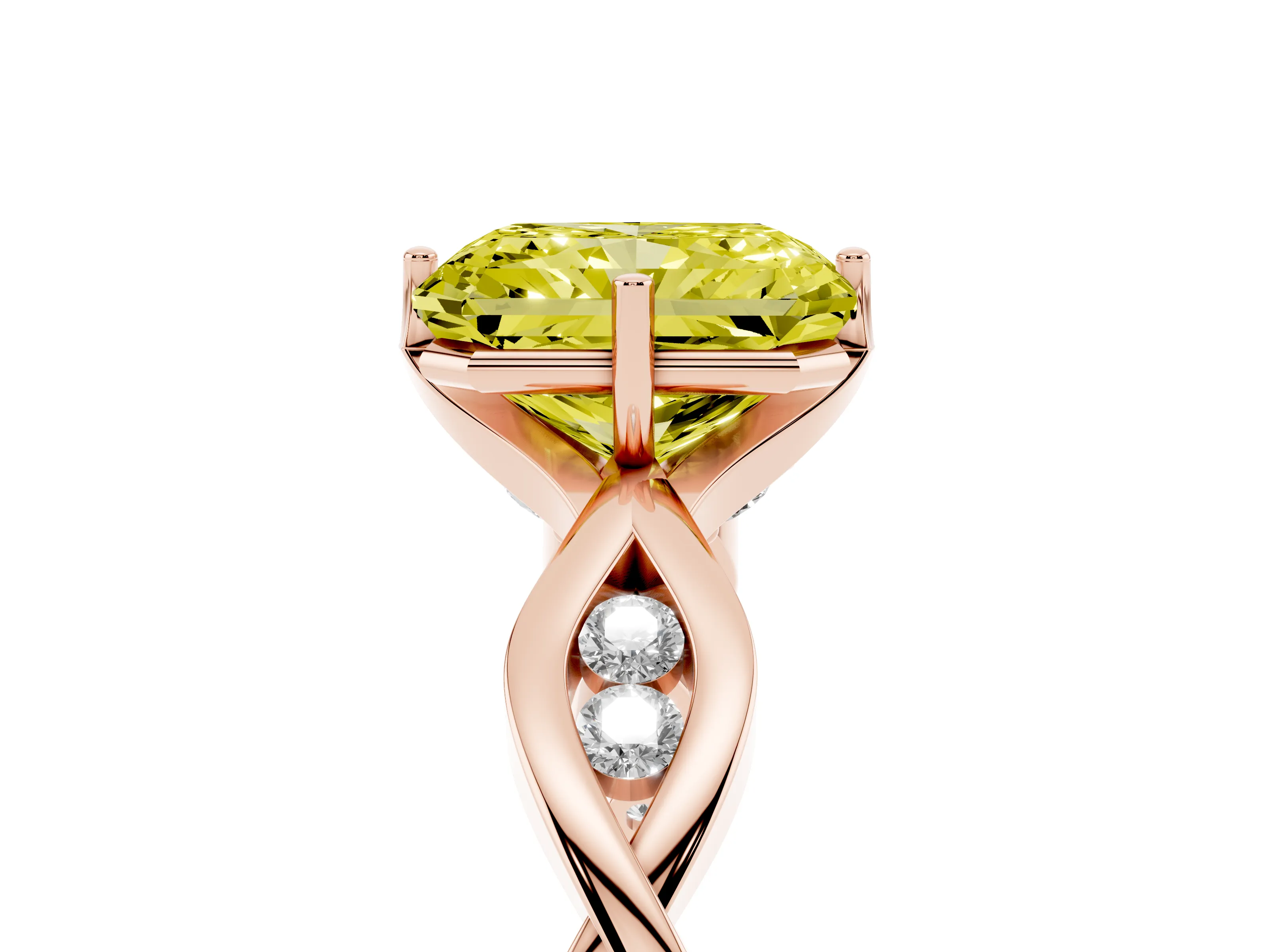 Fancy Yellow Radiant Cut Diamond Twist Band Solitaire Ring Set in Rose gold with Leaf Prong Setting and Accent Stones
