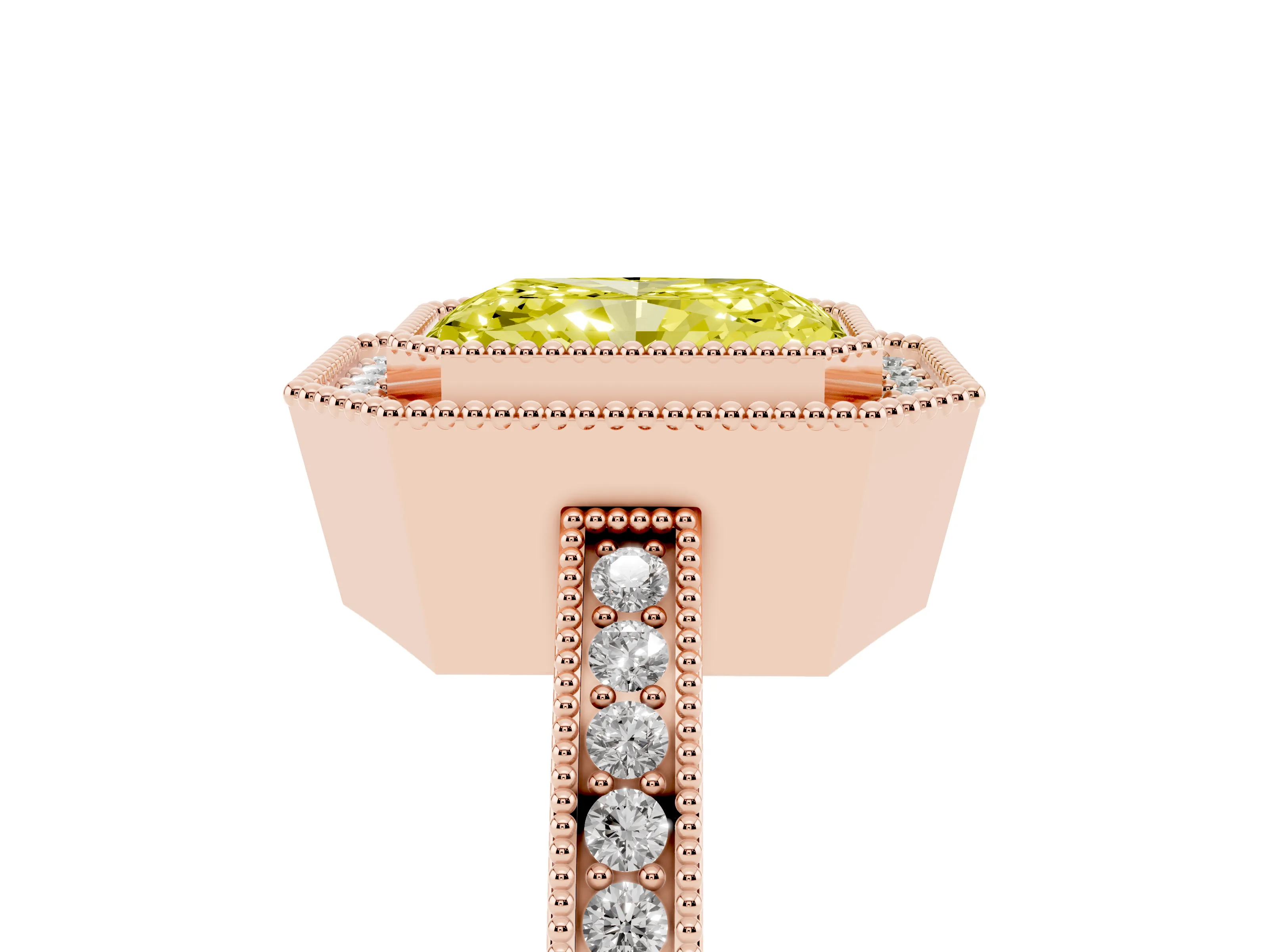 Fancy Yellow Radiant Cut Diamond Halo Ring Set in Rose gold with Pavé Band and Milgrain-Edged Prongs