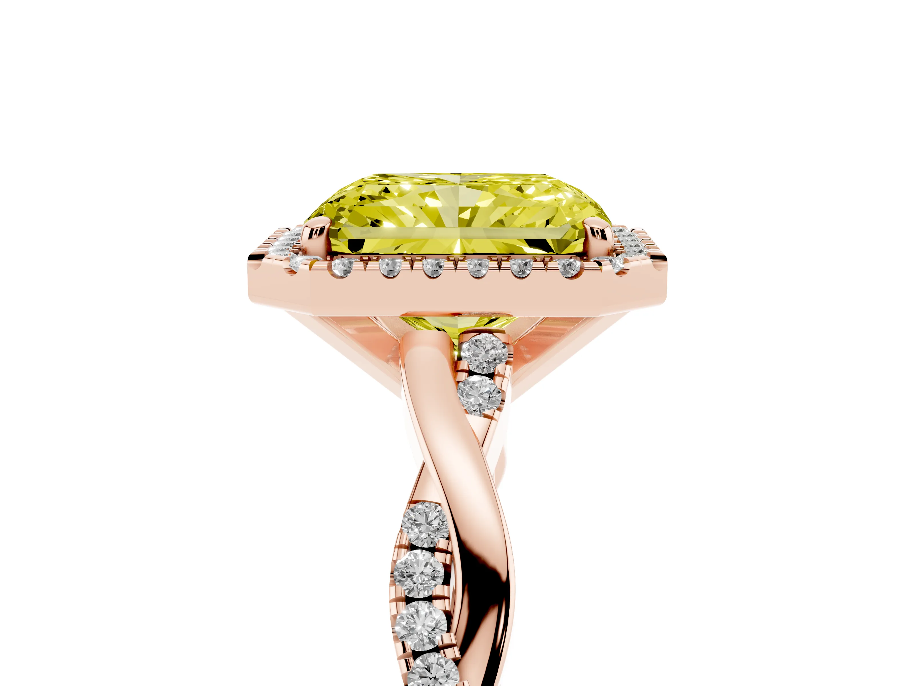 Fancy Yellow Radiant Cut Diamond Halo Twisted Band Ring Set in Rose gold with Prong Setting