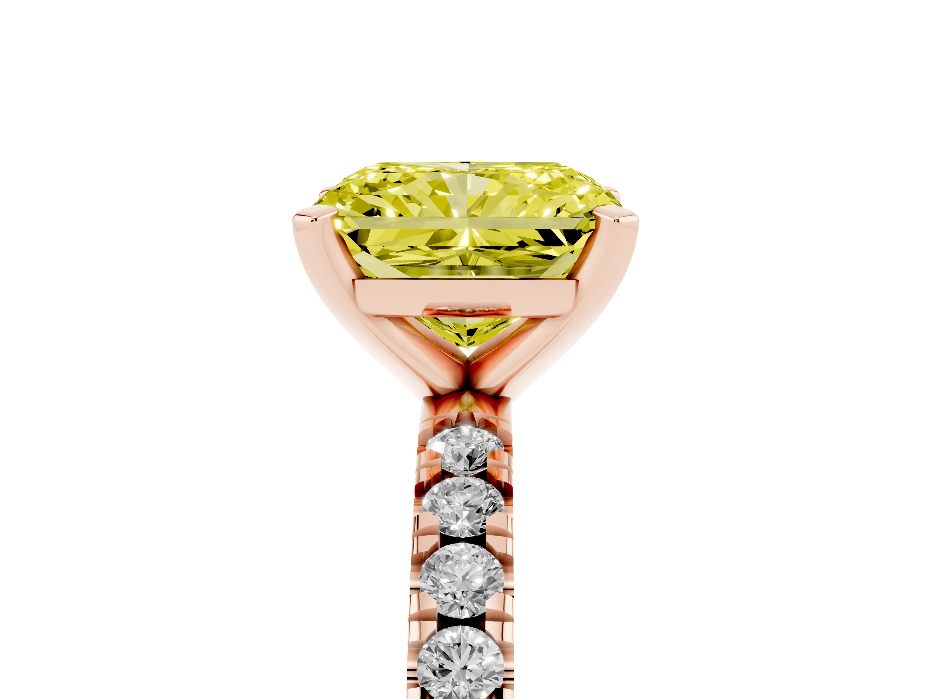 Fancy Yellow Radiant Cut Diamond Pavé Band Solitaire Set in Rose gold with Prong Setting