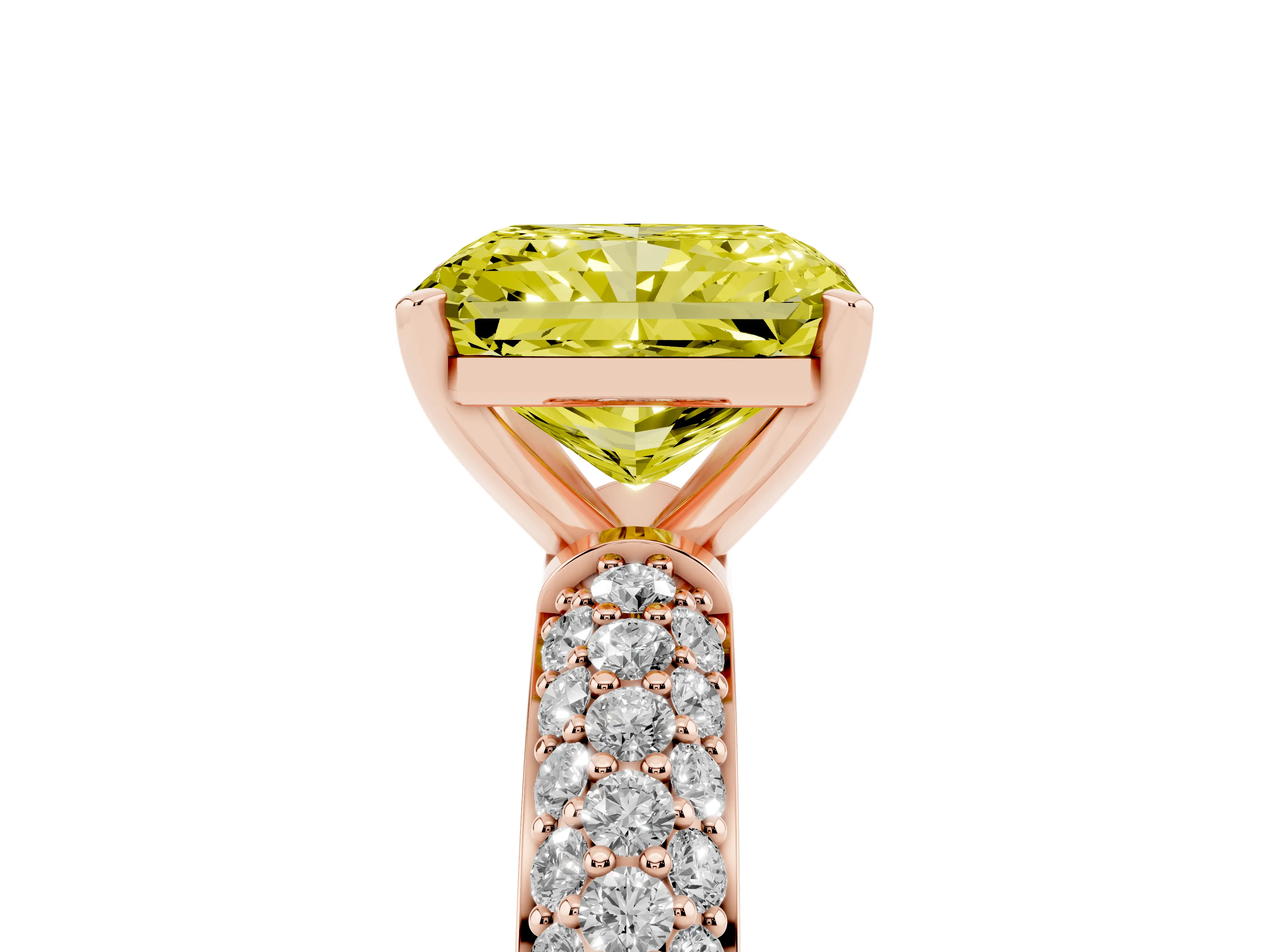 Fancy Yellow Radiant Cut Diamond Solitaire Ring Set in Rose gold with Prong Setting and Pavé-Set Band