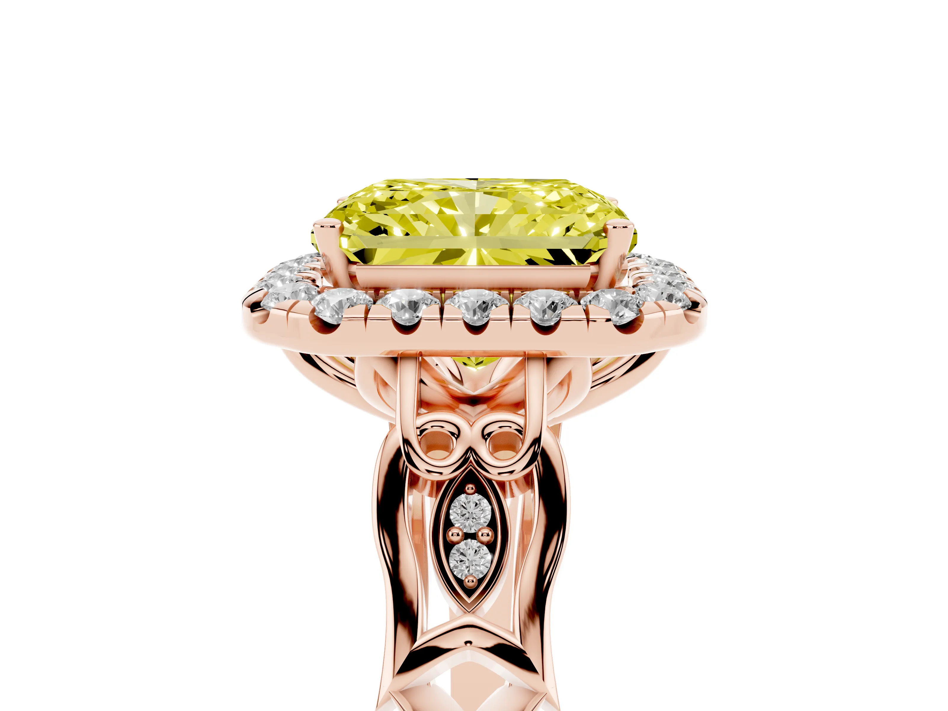 Fancy Yellow Radiant Cut Diamond Halo Engagement Ring Set in Rose gold with Filigree Band and Prong-Set Center