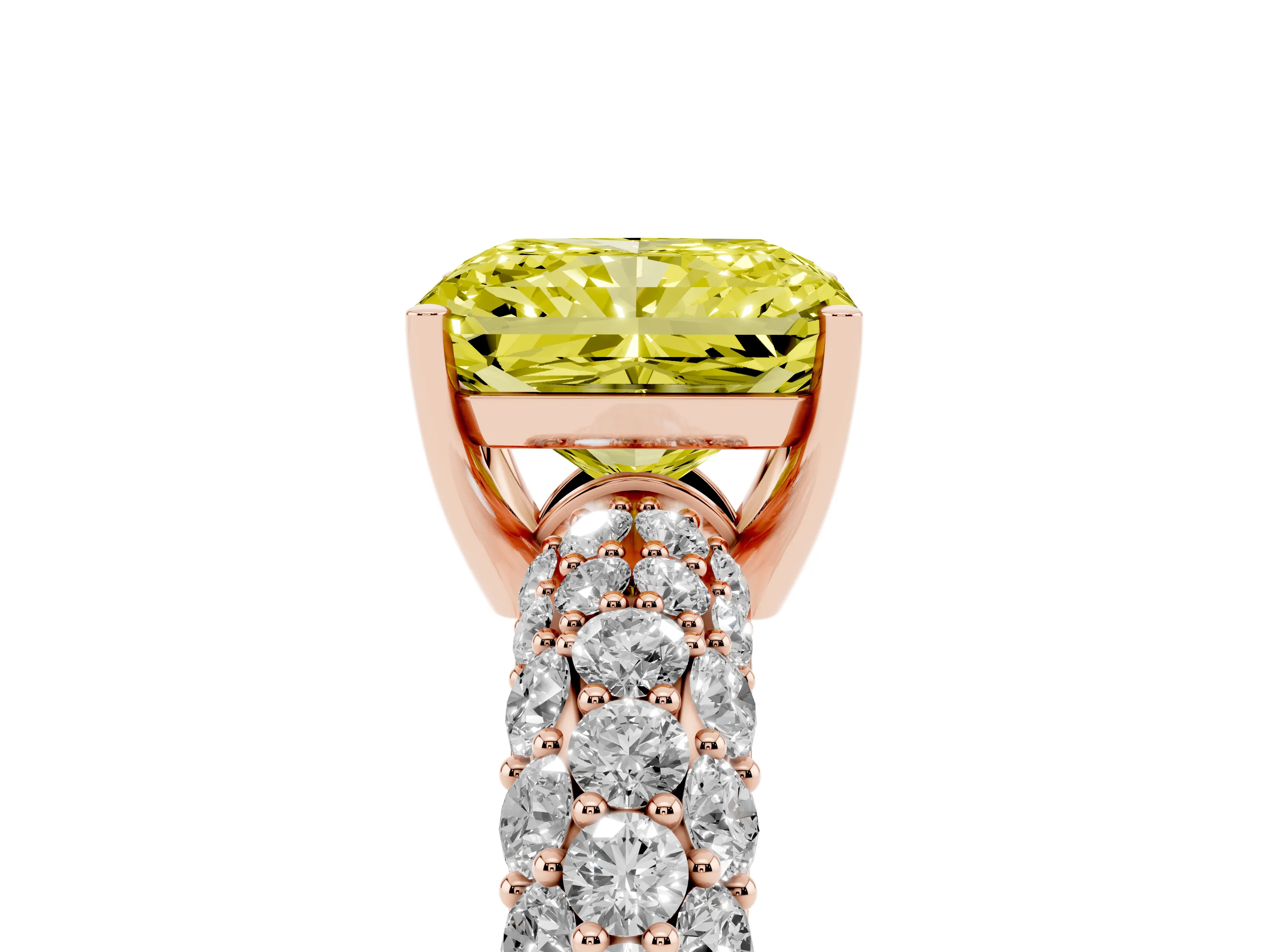 Fancy Yellow Radiant Cut Diamond Pavé Band Solitaire Ring Set in Rose gold with Close-Set Accent Stones and Prong Setting