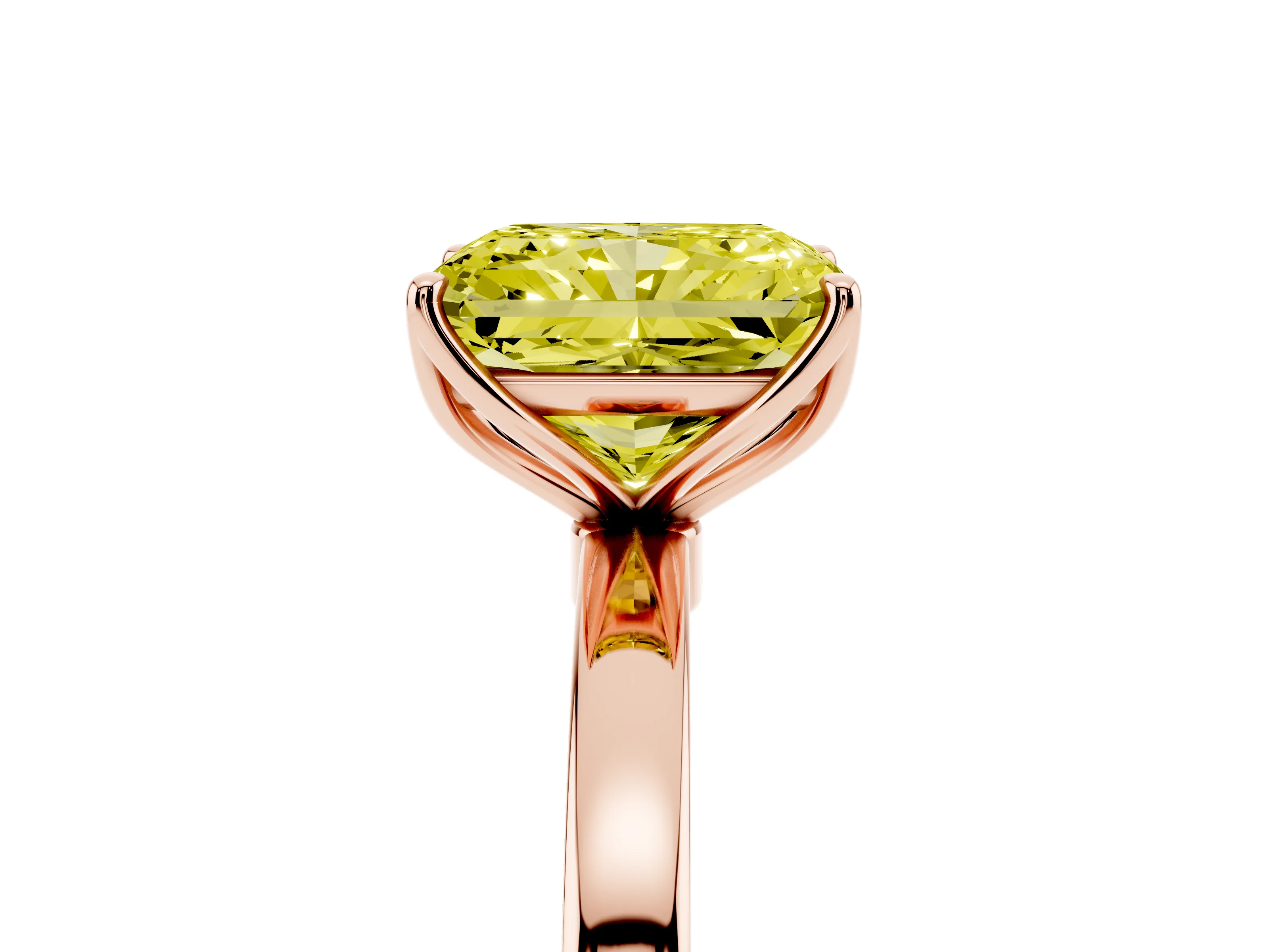 Fancy Yellow Radiant Cut Diamond Solitaire Ring Set in Rose gold with Prong Setting and Thin Polished Band