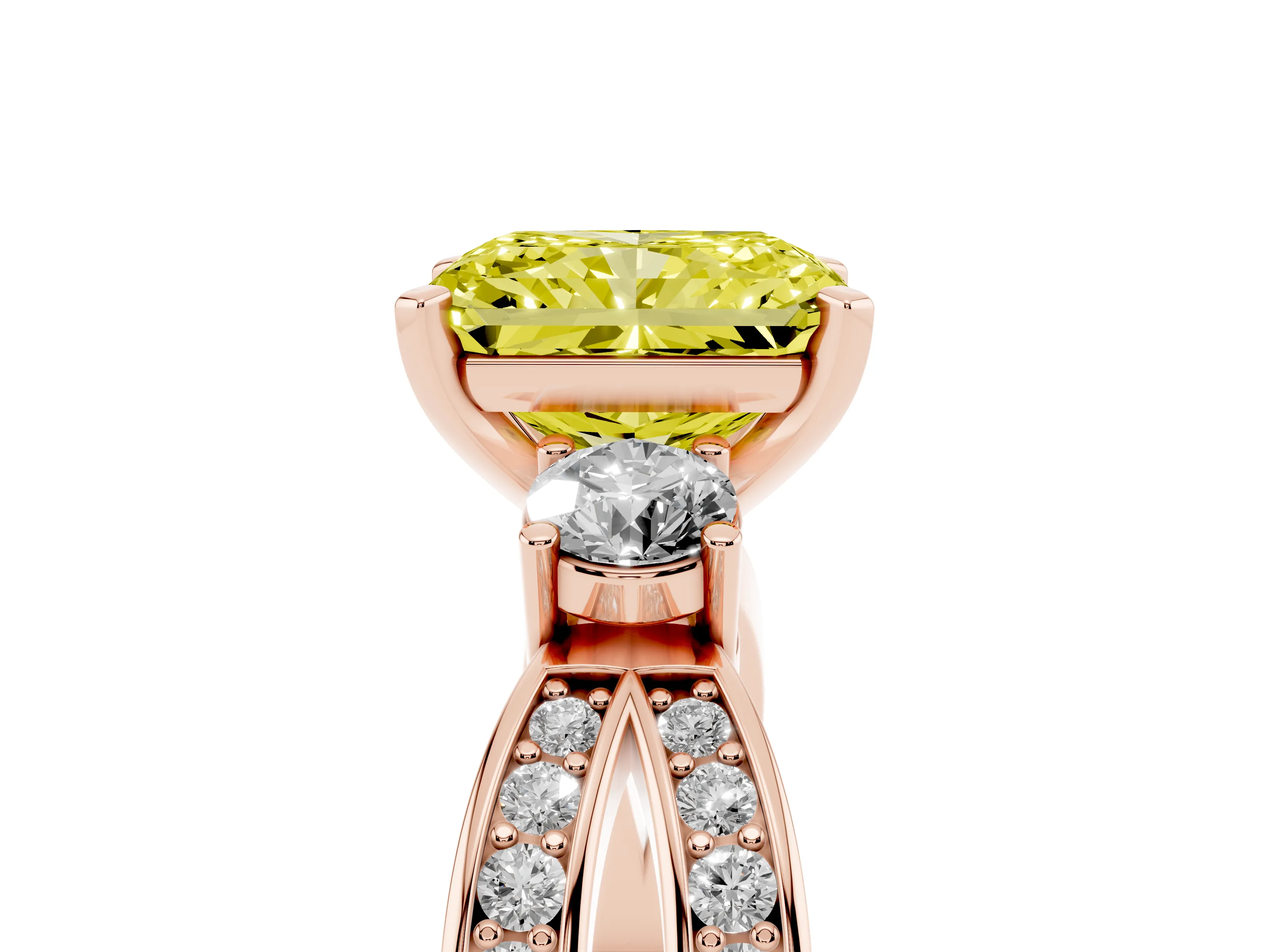 Fancy Yellow Three-Stone Radiant Cut Diamond Twist Band Ring Set in Rose gold with Pavé Accents and Prong Setting