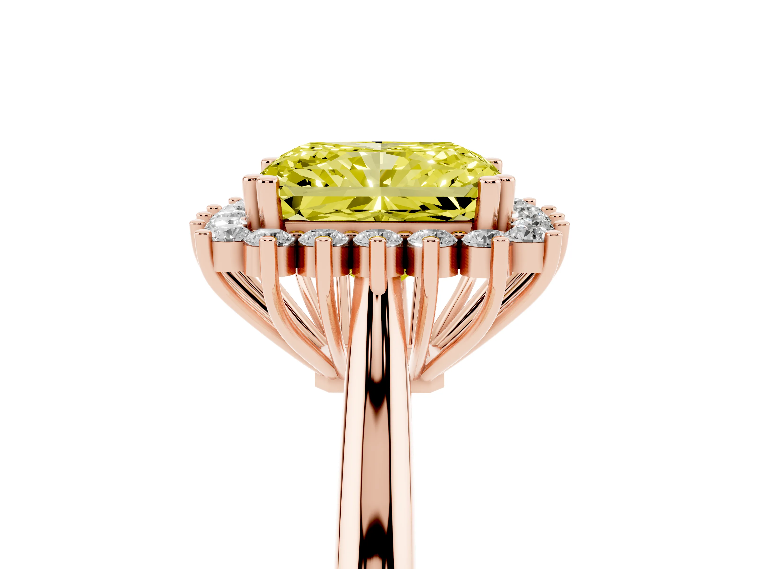Fancy Yellow Radiant Cut Diamond Halo Ring Set in Rose gold with Plain Solitaire Band and Prong Setting