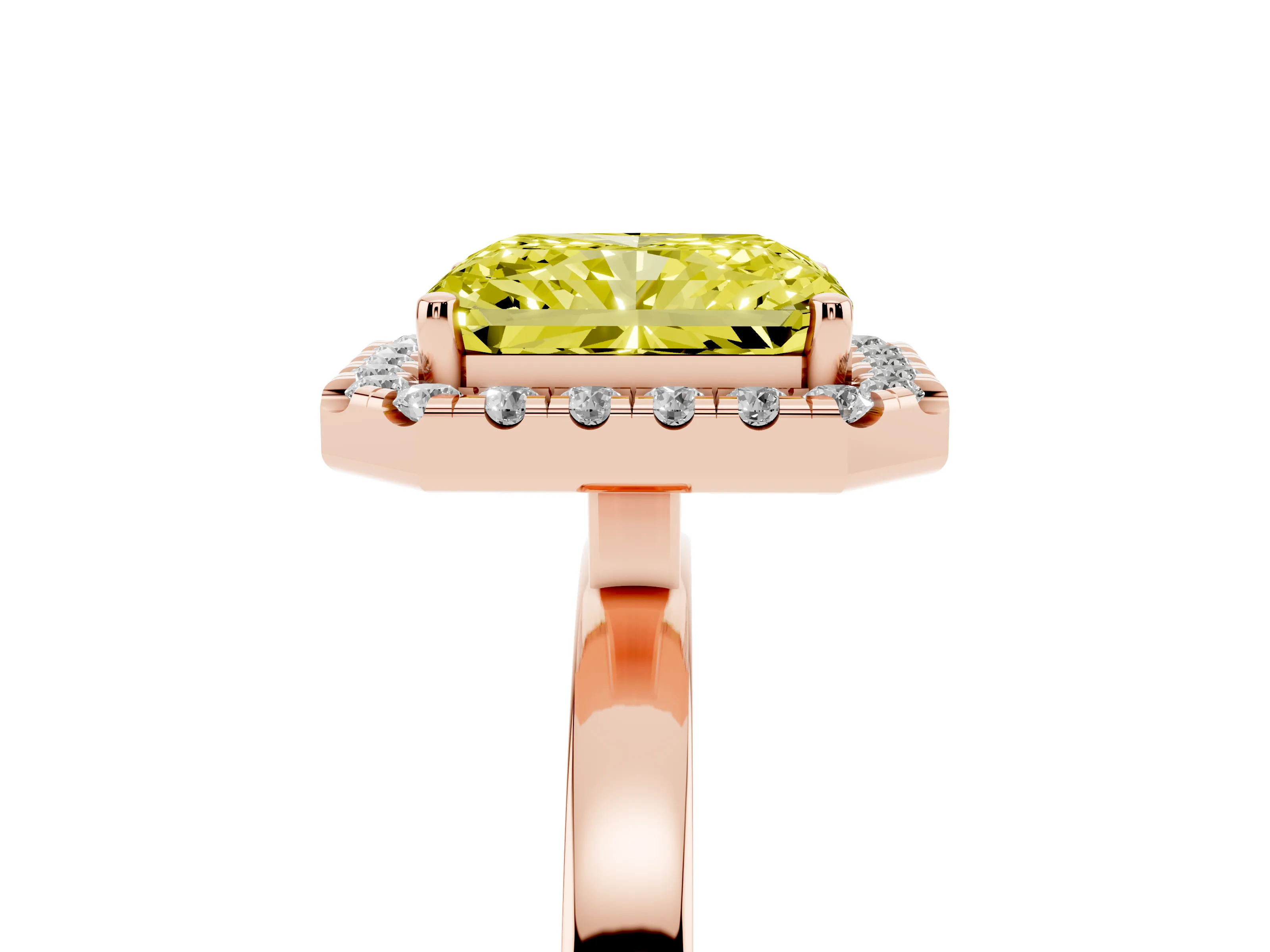 Fancy Yellow Radiant Cut Diamond Halo Solitaire Ring Set in Rose gold with Pavé Band and Prong Setting