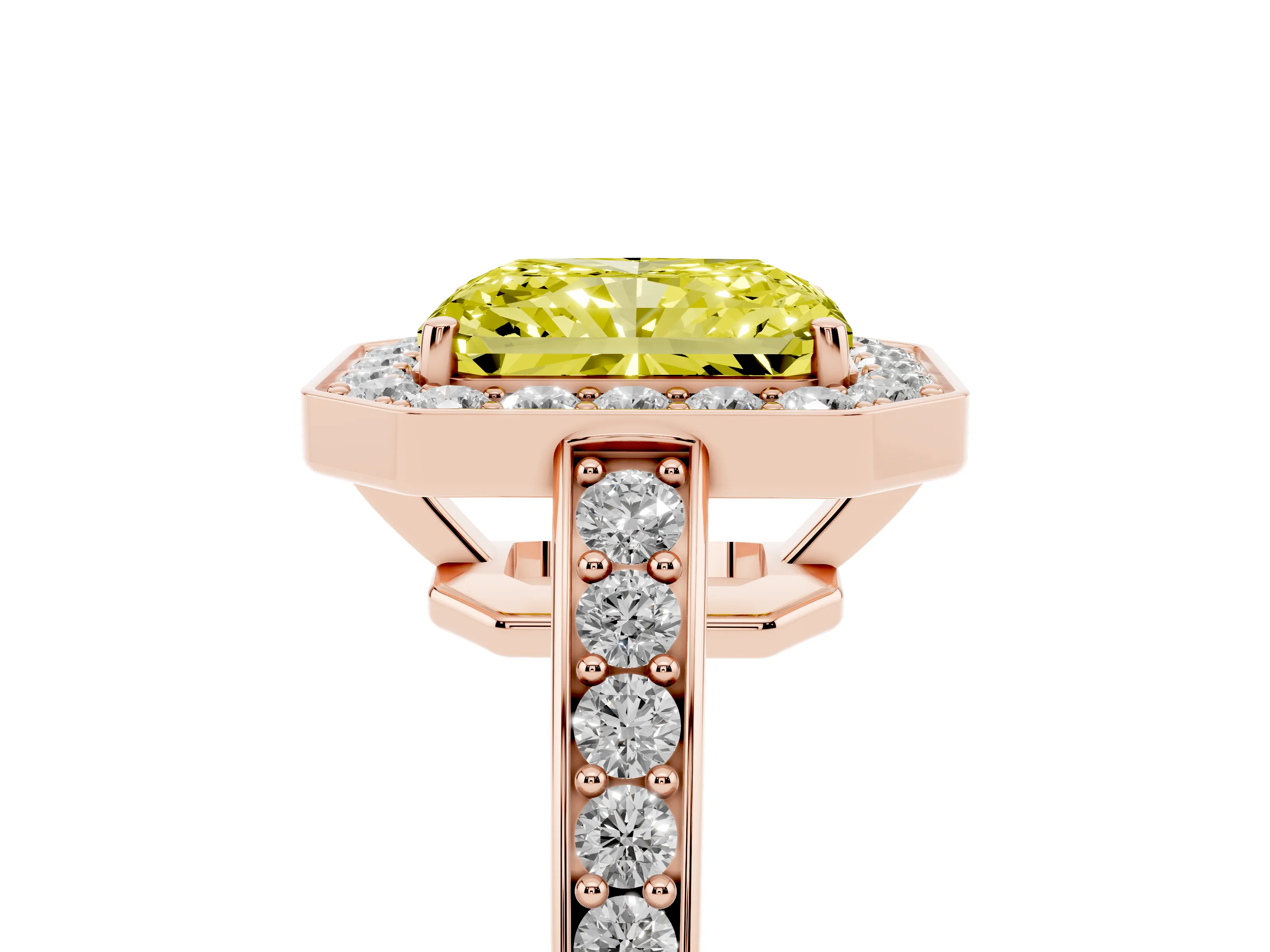 Fancy Yellow Radiant Cut Diamond Halo Pavé Engagement Ring Set in Rose gold with Bezel Setting