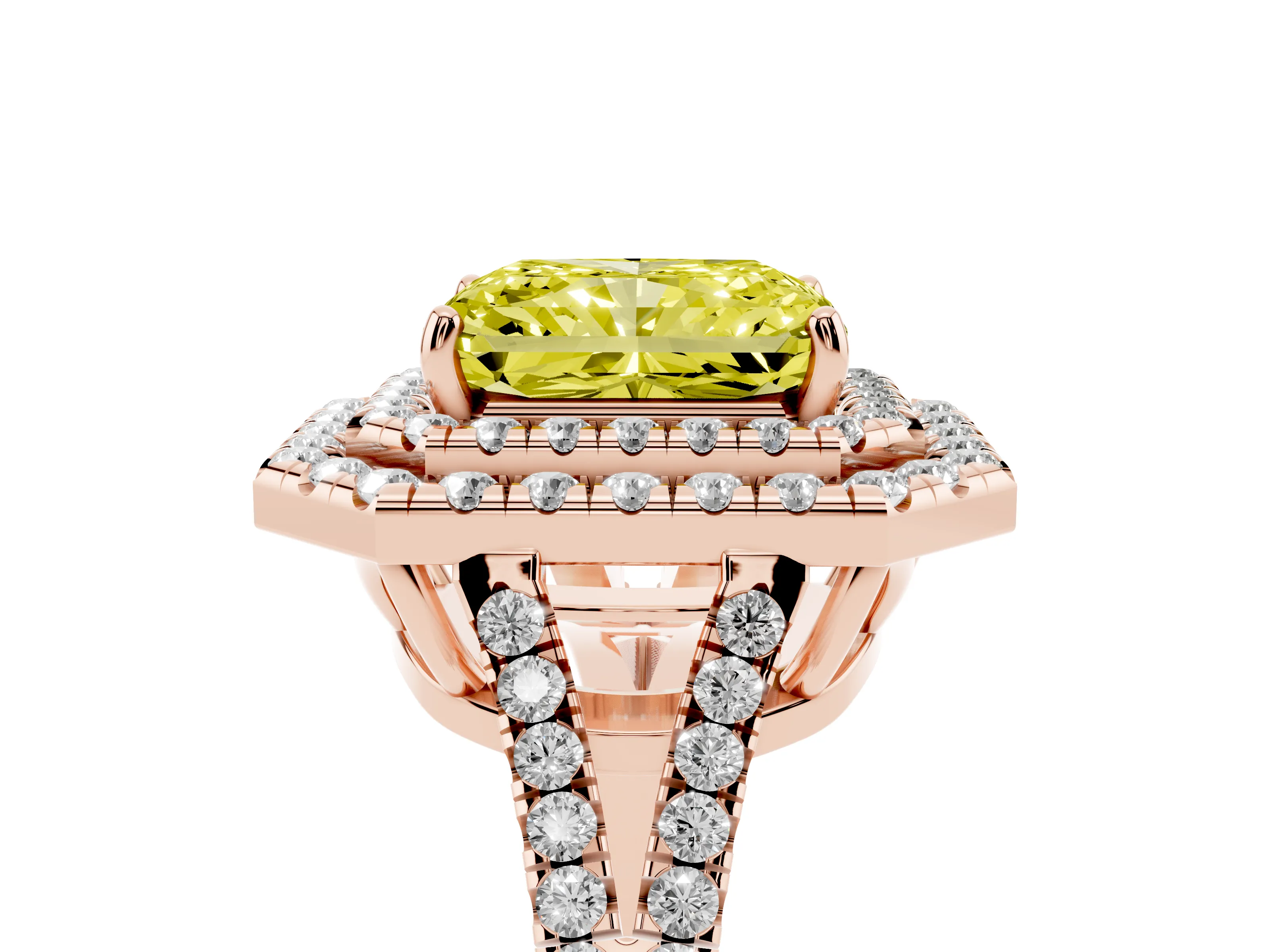 Fancy Yellow Radiant Cut Diamond Double Halo Ring Set in Rose gold with Pavé Band