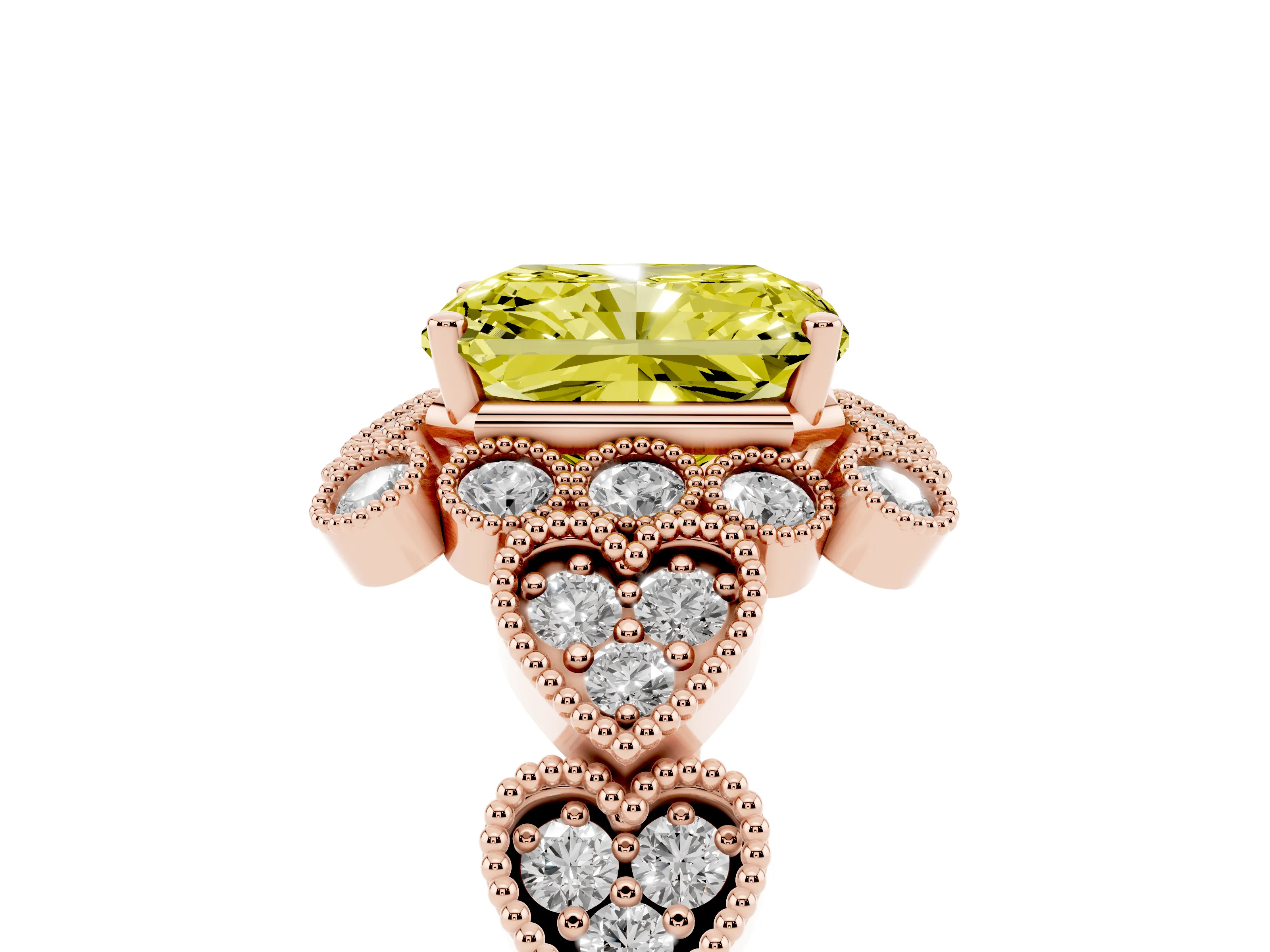 Fancy Yellow Radiant Cut Diamond Solitaire Ring Set in Rose gold with Milgrain Pavé Heart Band