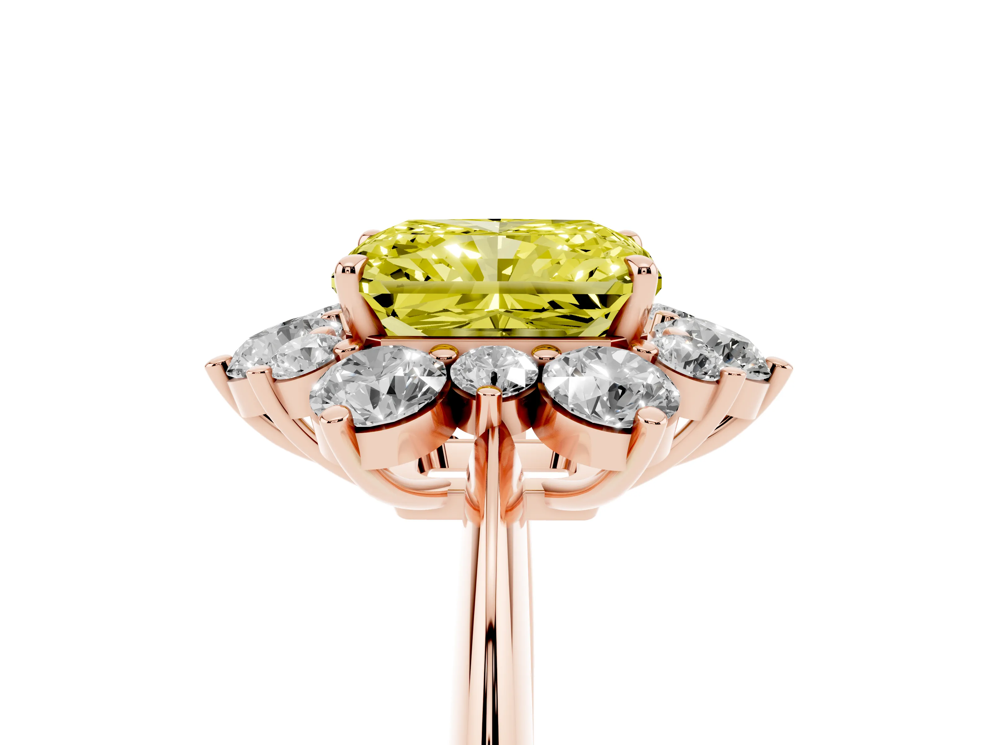 Fancy Yellow Radiant Cut Diamond Cluster Halo Ring Set in Rose gold with Solitaire Band and Prong Setting