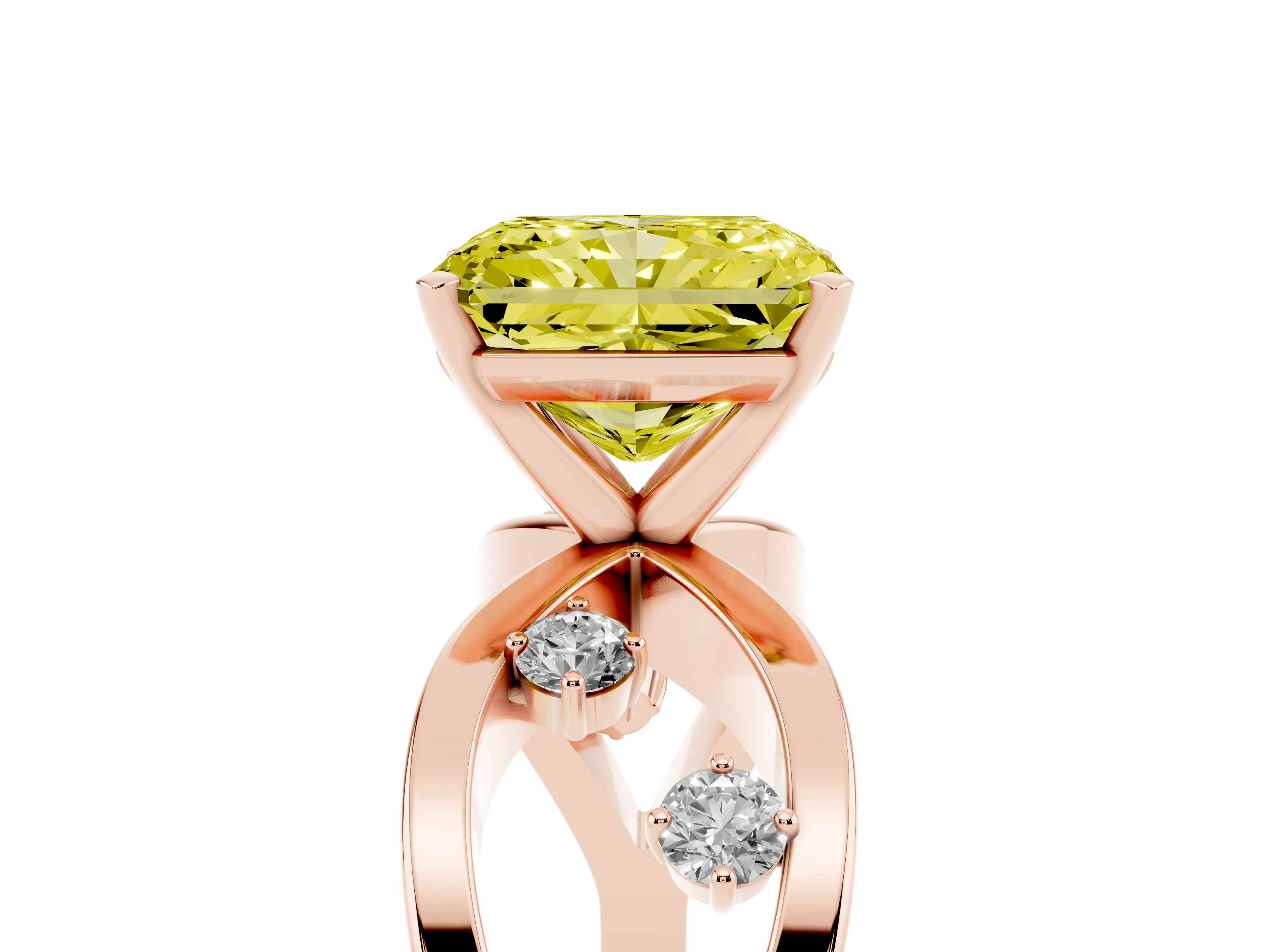 Fancy Yellow Radiant Cut Diamond Solitaire Ring Set in Rose gold with Side Stones on Criss-Cross Band and Prong Setting