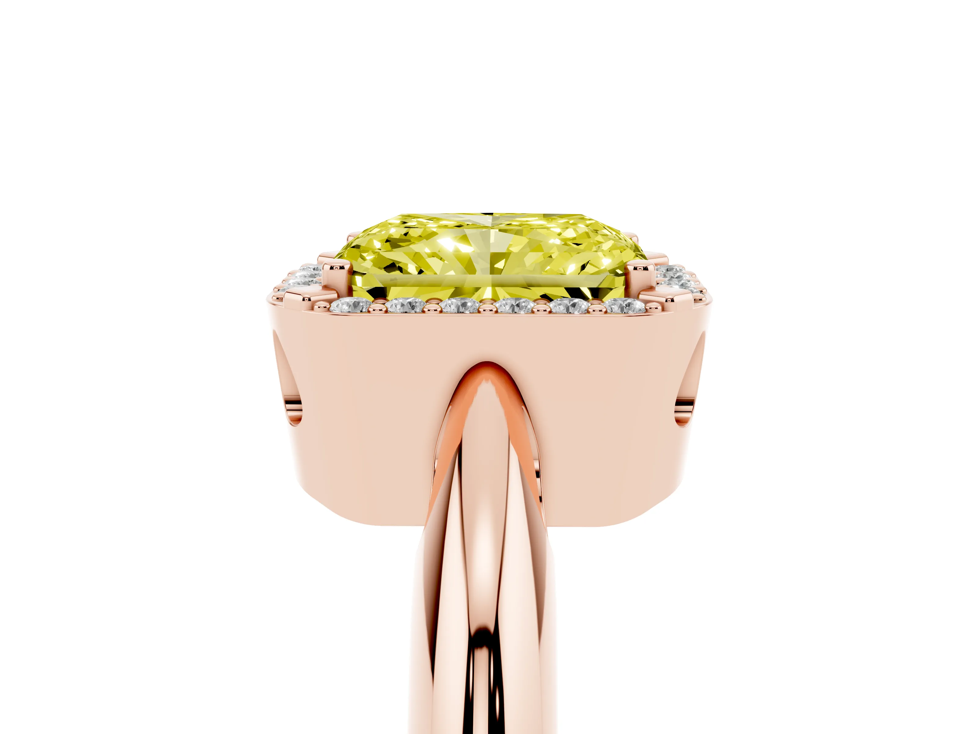 Fancy Yellow Radiant Cut Diamond Halo Engagement Ring Set in Rose gold with Plain Split Shank and Prong Setting