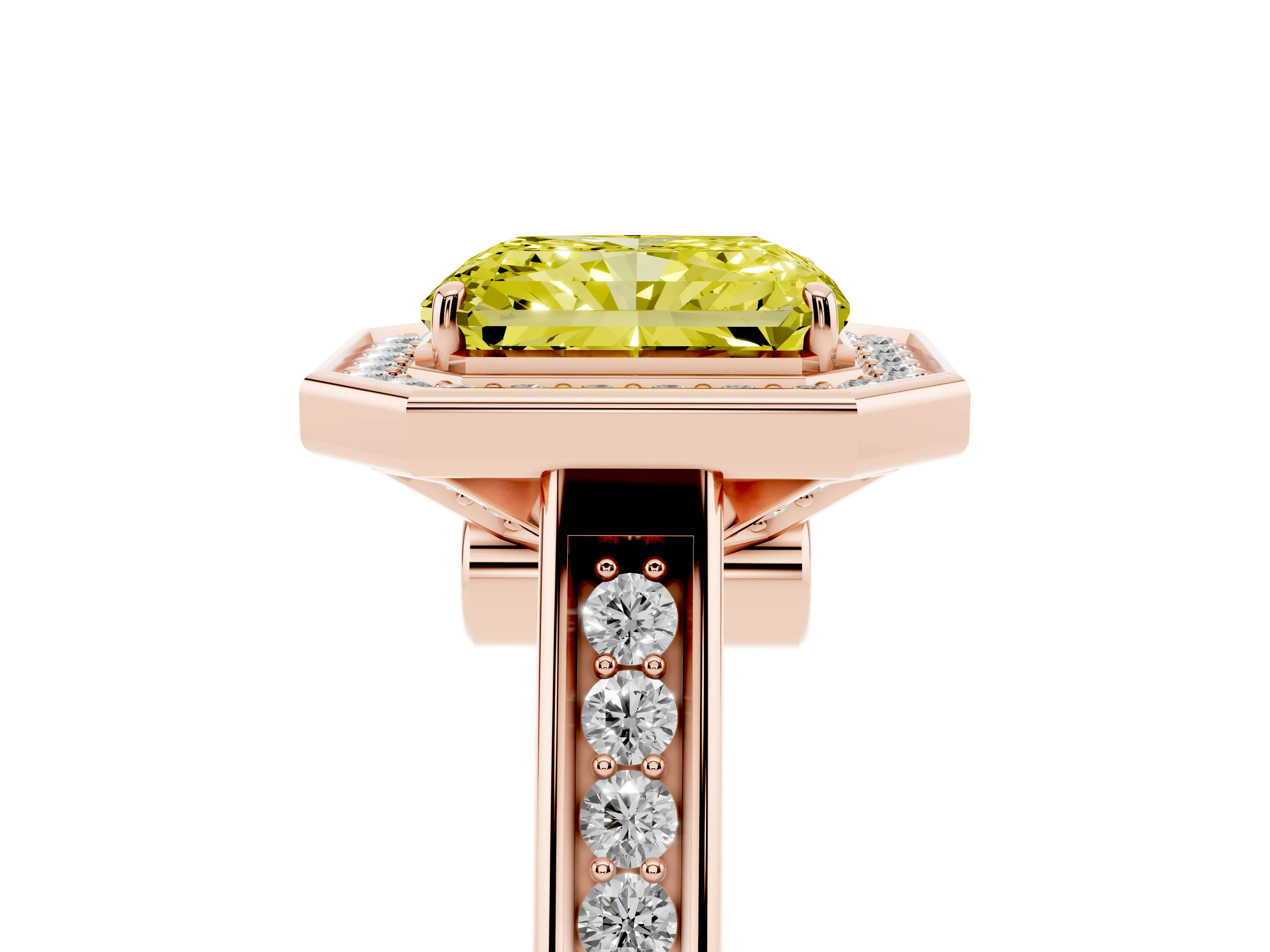 Fancy Yellow Radiant Cut Diamond Halo Solitaire Ring Set in Rose gold with Pavé Band and Bezel Setting