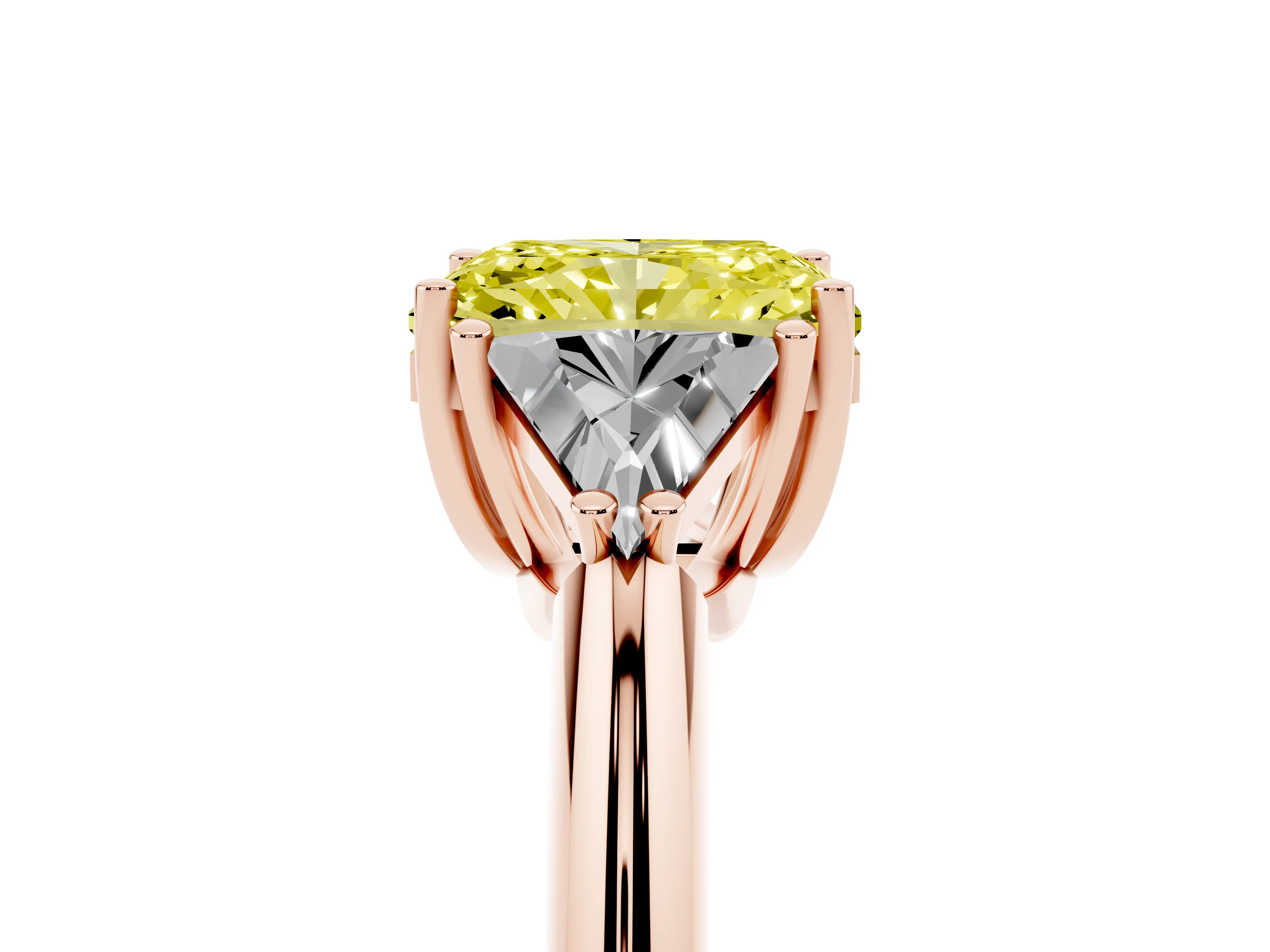Fancy Yellow Radiant Cut Diamond Three-Stone Engagement Ring Set in Rose gold with Trillion Side Stones