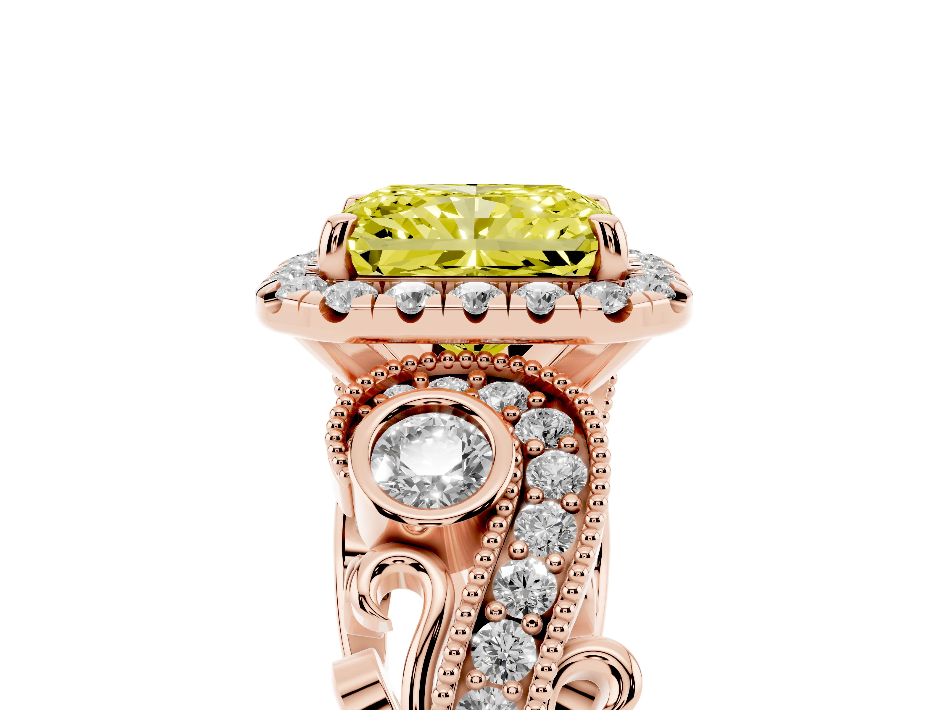 Fancy Yellow Radiant Cut Diamond Halo Ring Set in Rose gold with Milgrain Pavé Band and Prong Setting