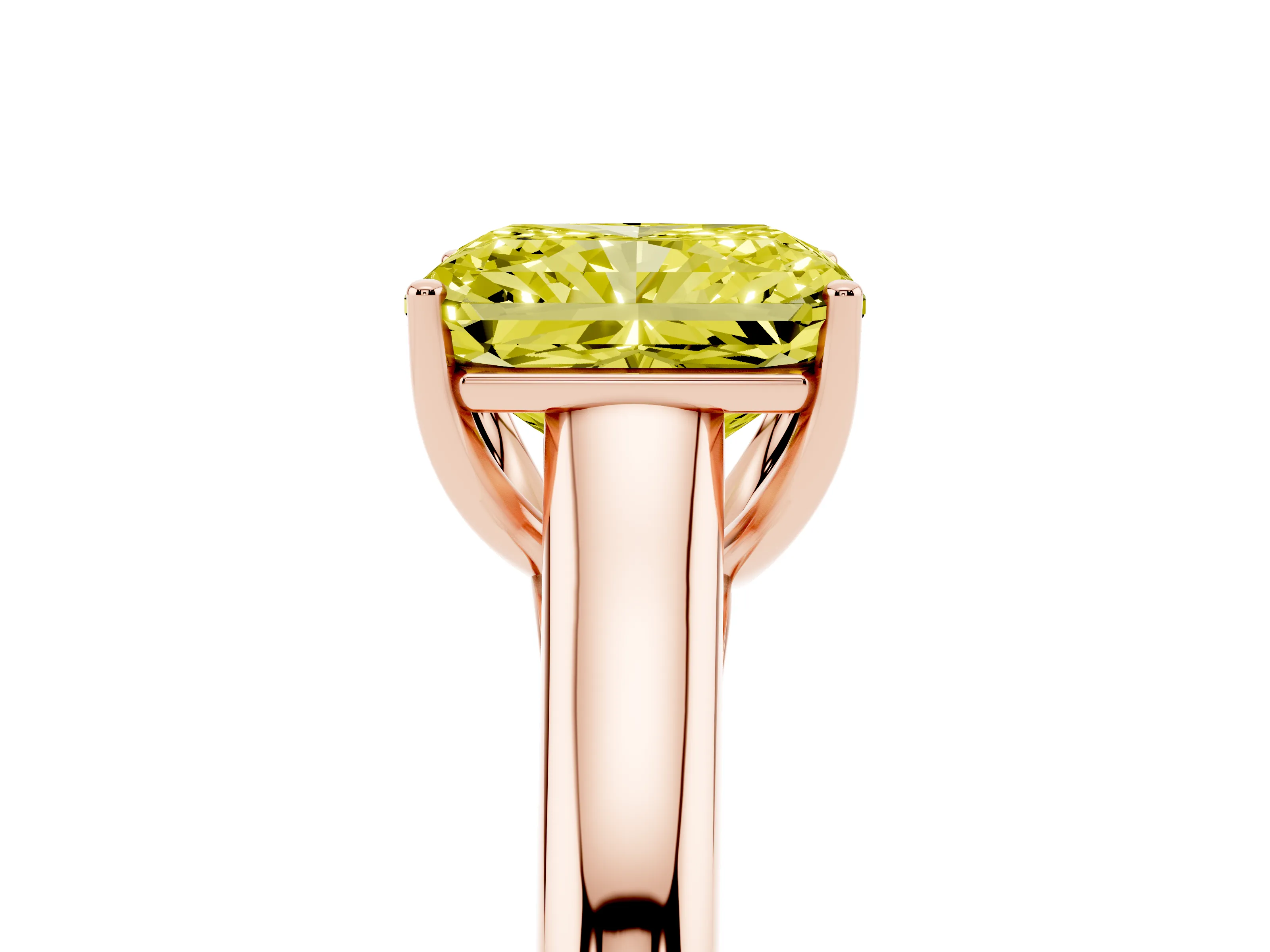 Fancy Yellow Radiant Cut Diamond Solitaire Engagement Ring Set in Rose gold with Subtly Tapered Band and Prong Setting