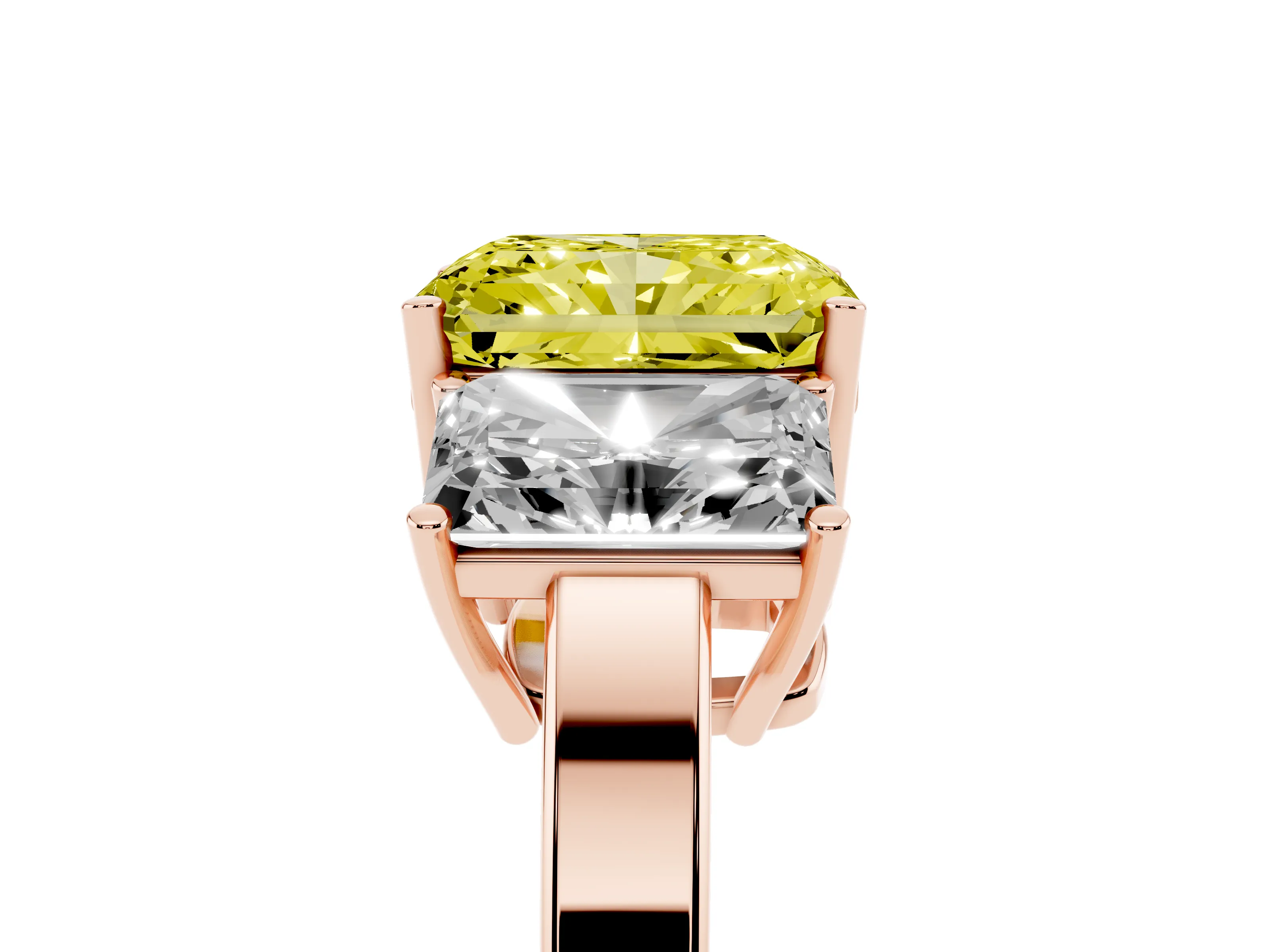 Fancy Yellow Radiant Cut Diamond Three-Stone Engagement Ring Set in Rose gold with Flat Band