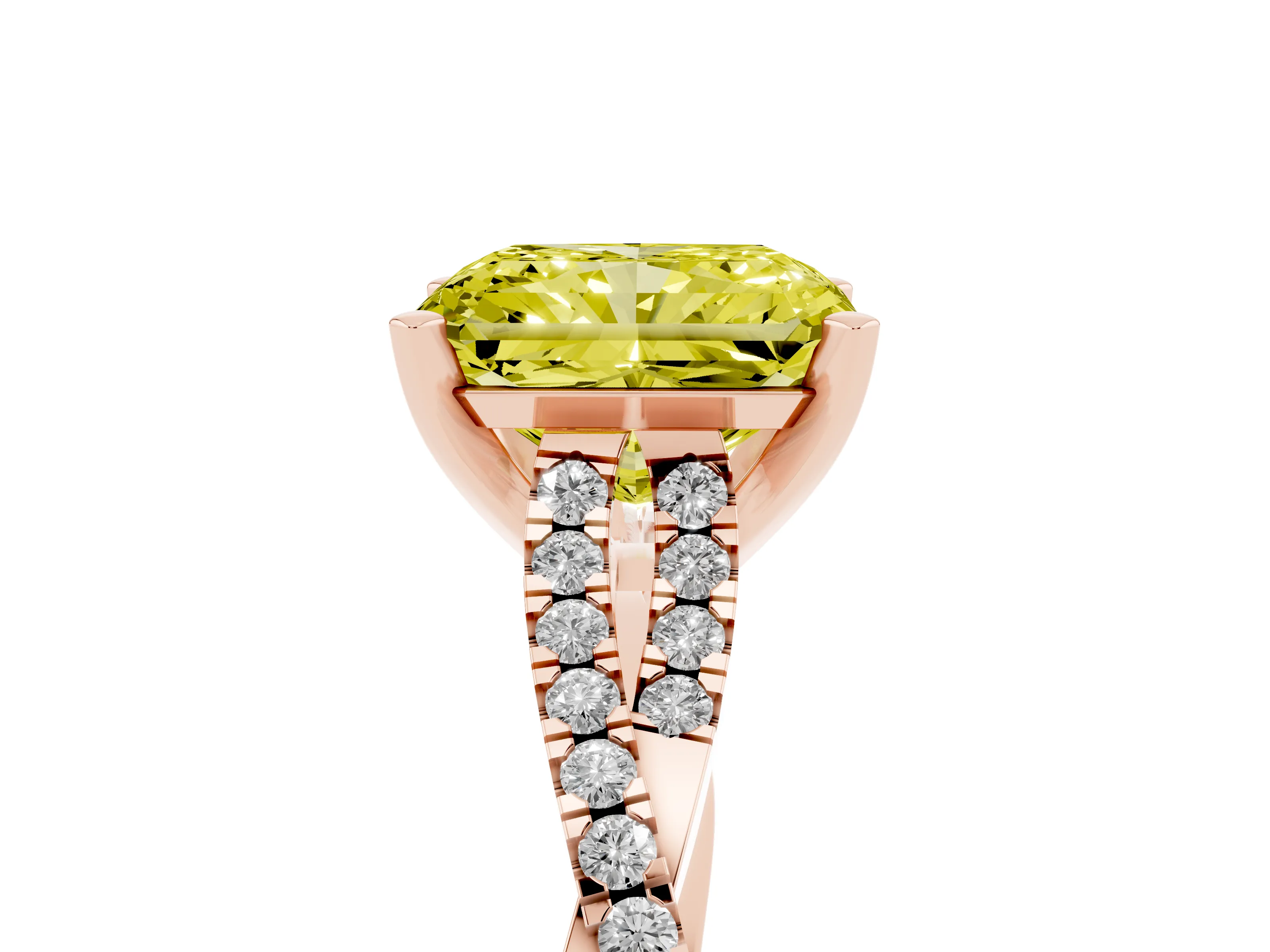 Fancy Yellow Radiant Cut Diamond Solitaire Engagement Ring Set in Rose gold with Twisted Pavé Band and Prong Setting