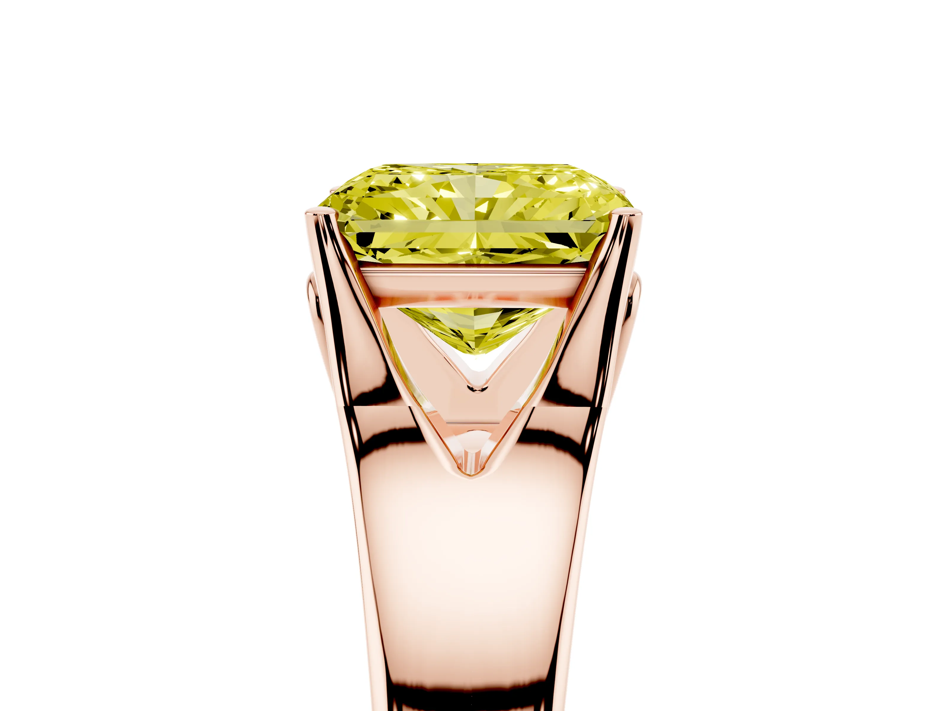 Fancy Yellow Radiant Cut Diamond Solitaire Ring Set in Rose gold with Arched Cathedral Band and Prong Setting