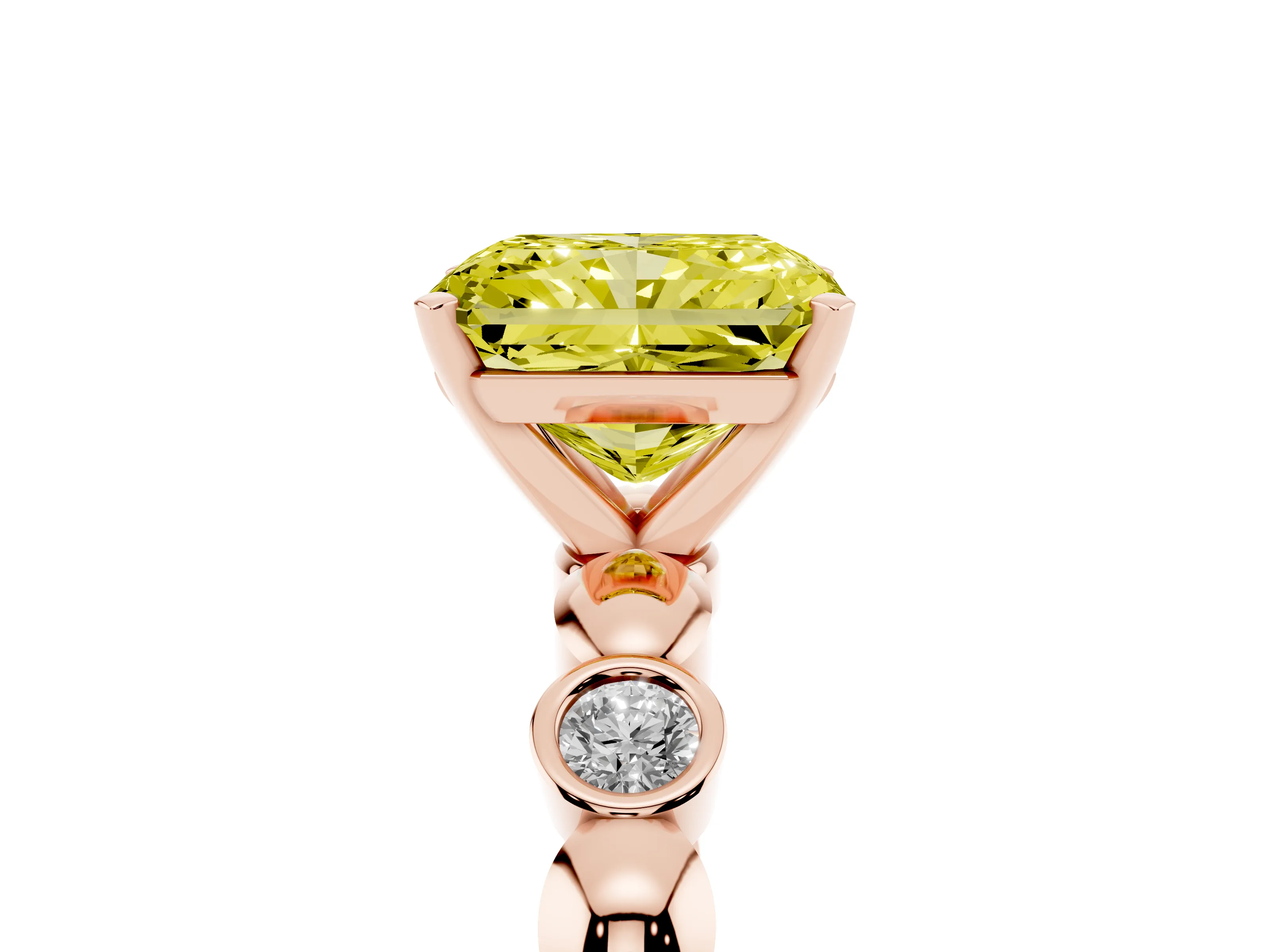 Fancy Yellow Radiant Cut Diamond Solitaire Ring Set in Rose gold with Bezel-Set Accents on Beaded Band and Prong Setting