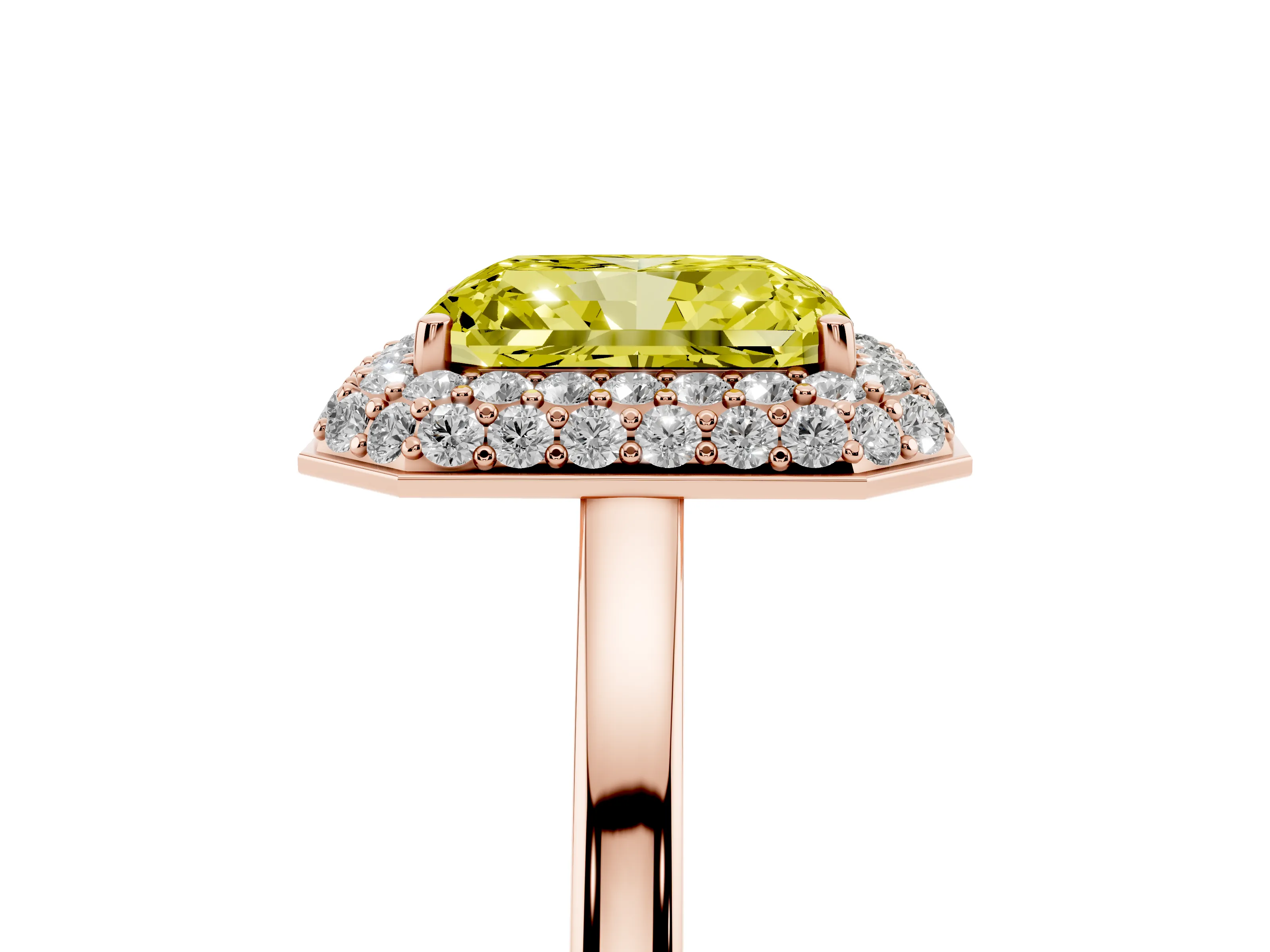 Fancy Yellow Radiant Cut Diamond Halo Engagement Ring Set in Rose gold with Solitaire Band and Prong Setting