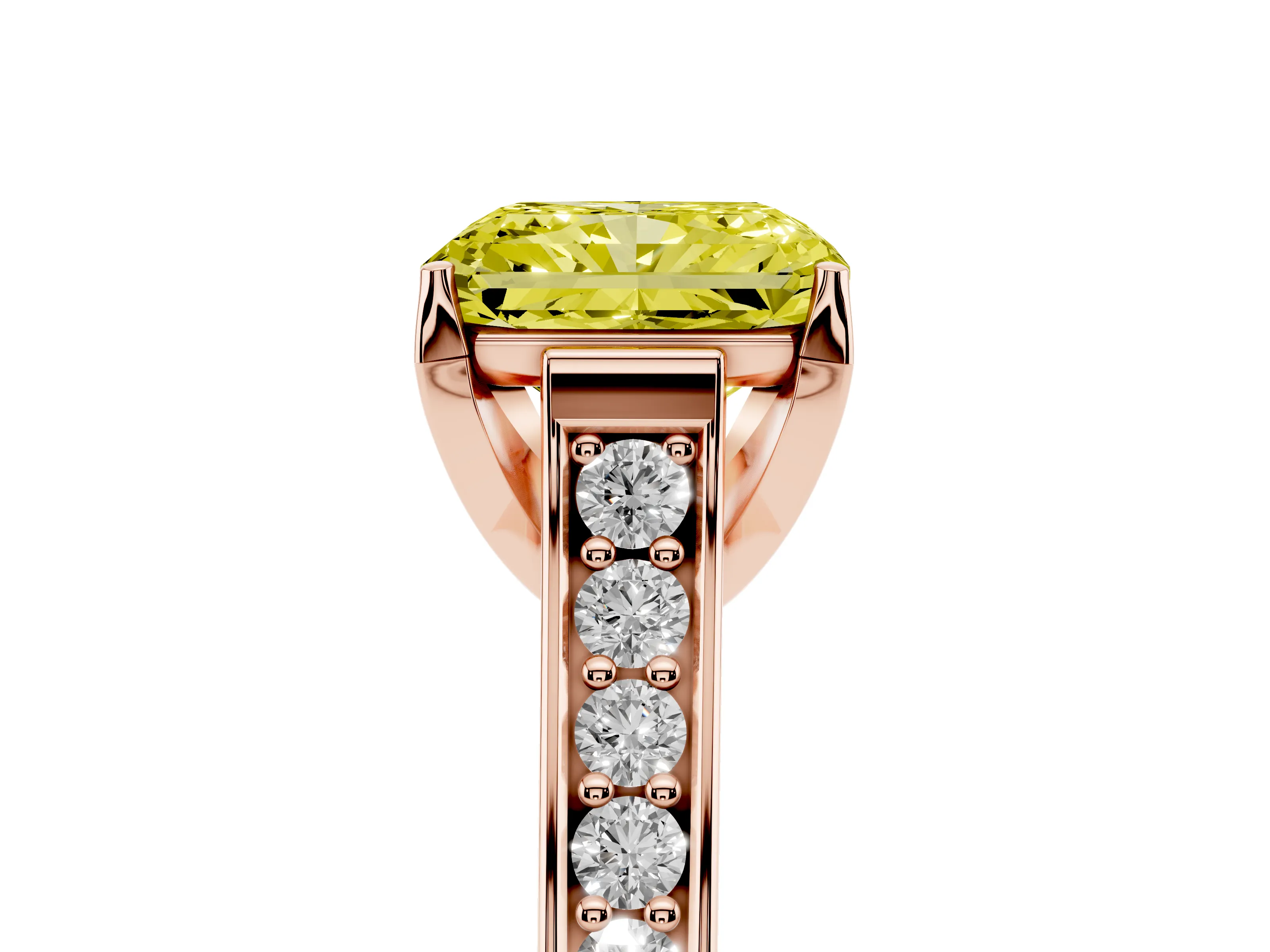 Fancy Yellow Radiant Cut Diamond Solitaire Pavé Engagement Ring Set in Rose gold with Prong Setting